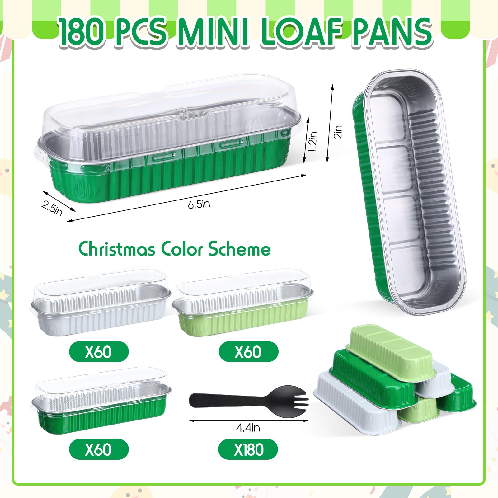 Blushtier 540 mini moldes para pan con tapas y cucharas, 6.75 onzas, moldes rectangulares de papel de aluminio para hornear mini moldes para pan postres (color verde y blanco, estilo rectangular)