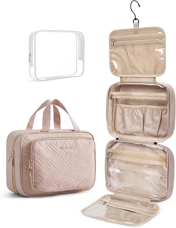 Toiletry Bag Hanging Travel Makeup Organizer with TSA Approved Transparent Cosmetic Bag Makeup Bag for Full Sized Toiletries, Medium-Pink
