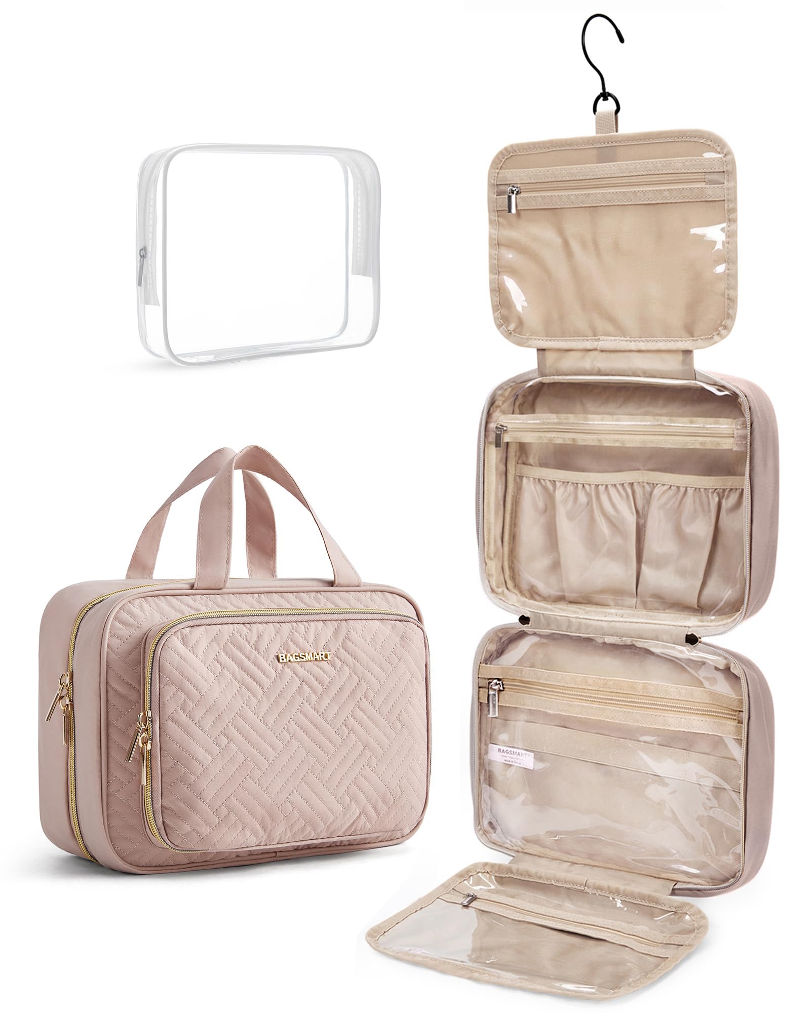 Polyester Toiletry Bag Hanging Travel Makeup Organizer with TSA Approved Transparent Cosmetic Bag Makeup Bag for Full Sized Toiletries, Large-Pink-image-48
