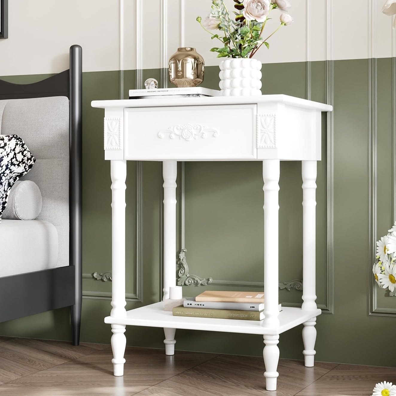 White Tall Night Stand with Drawer for Bedroom, Small Bed Side Tables Bedroom, French Country Bedside Table, Mid Century Modern Nightstand with Open Shelf, Vintage End Table for Living Room