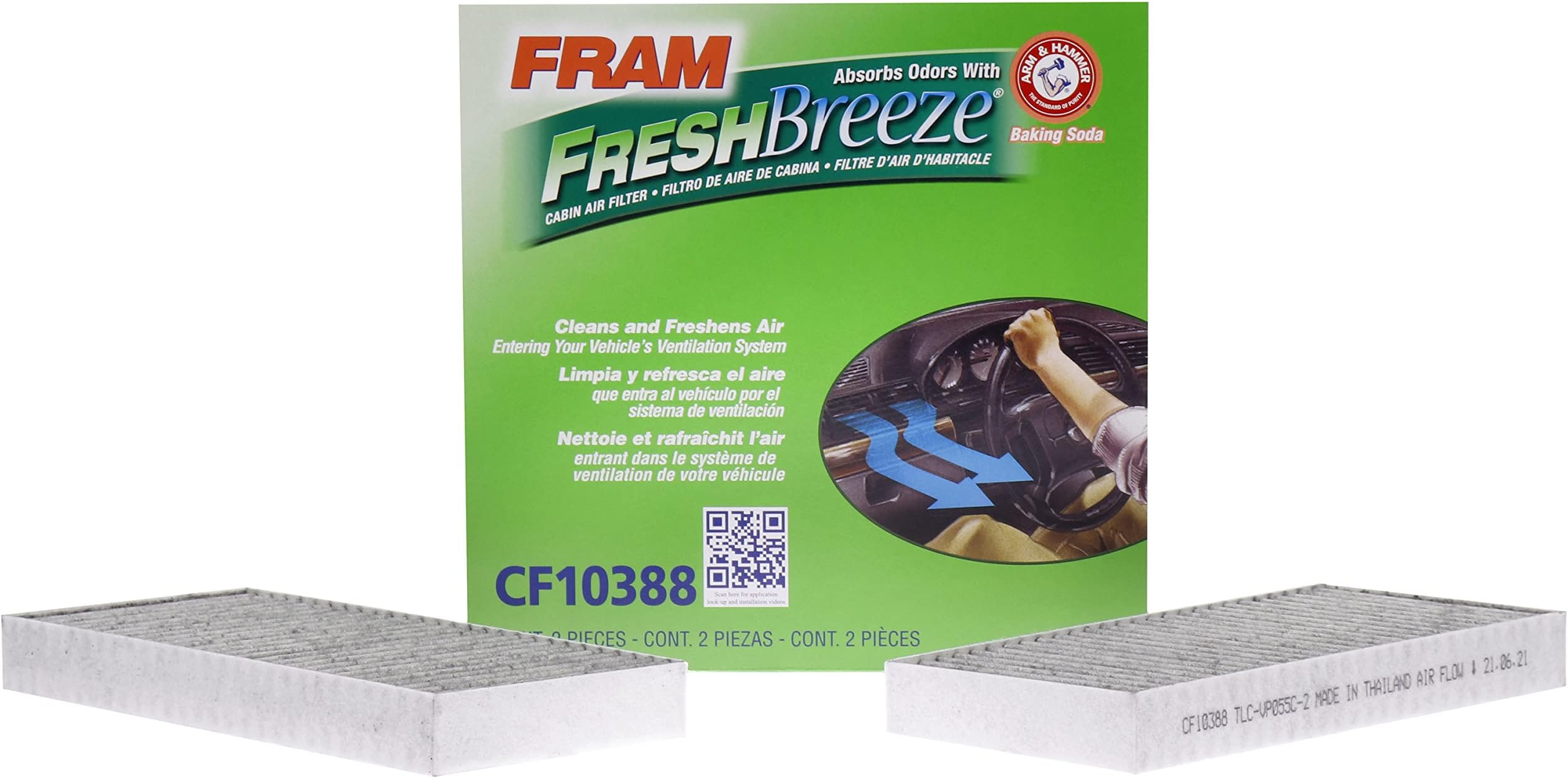 FRAM Fresh Breeze Cabin Air Filter Replacement for Car Passenger Compartment w/ Arm and Hammer Baking Soda, Easy Install, CF10388 for Select Nissan Vehicles , white