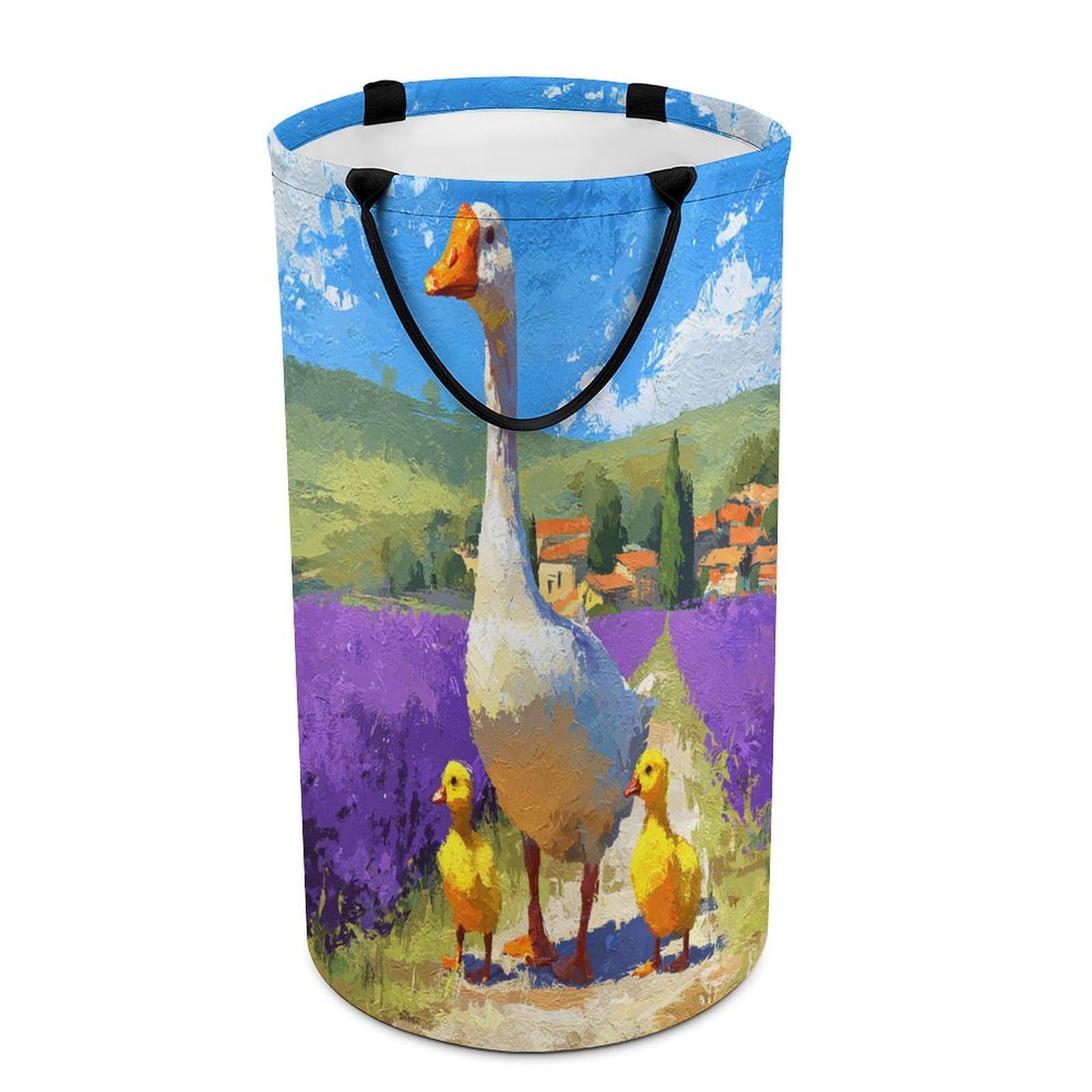 LUYYSKY Vintage Abstract Cute Duck Collapsible Dirty Clothes Basket, Classic Oil Painting Farm Lilac Lavender Field Animal Duckling Portable Clothes Storage Basket