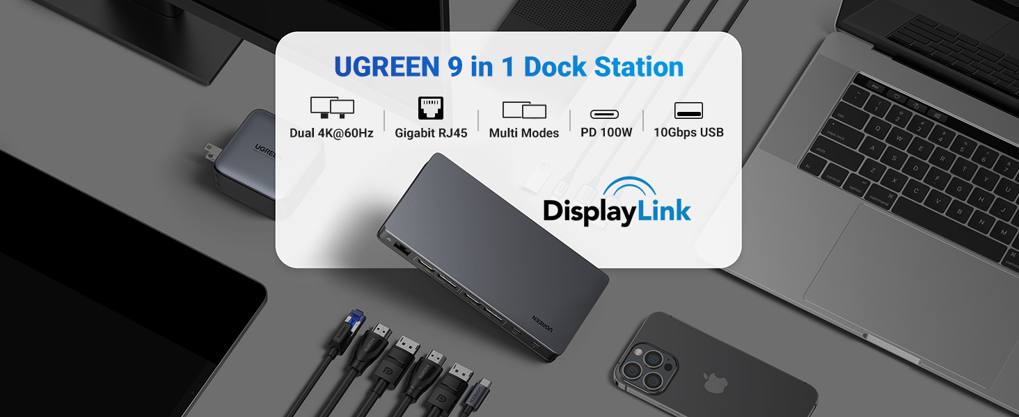 UGREEN Revodok 9-in-1 USB-C Dockingstation - 2x HDMI & 2x DP - 4K@60Hz - 10Gbps - 100W PD - Voor MacBook En Windows