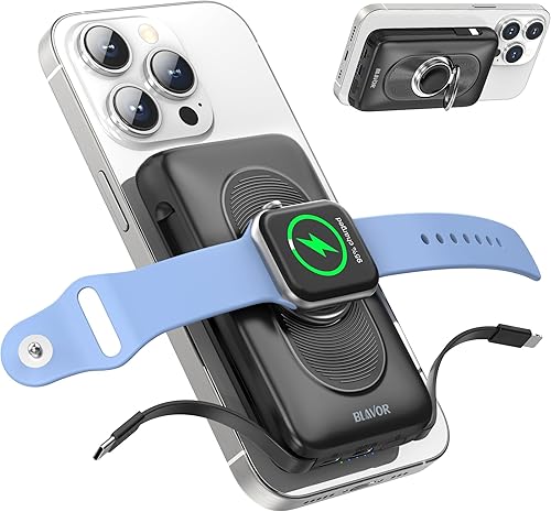 BLAVOR Cargador portátil Magsafe, banco de energía inalámbrico magnético de 10000 mAh, cables integrados con cargador iWatch, batería de carga