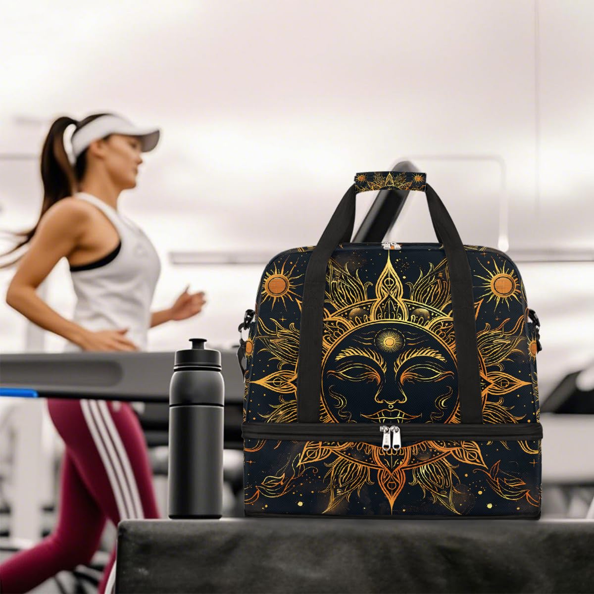 Borsone da viaggio pieghevole con mandala dorato e viso di sole, borsa da palestra espandibile con scomparto per scarpe, grande capacità, borsa da weekender, per viaggi, sport, viaggi notturni