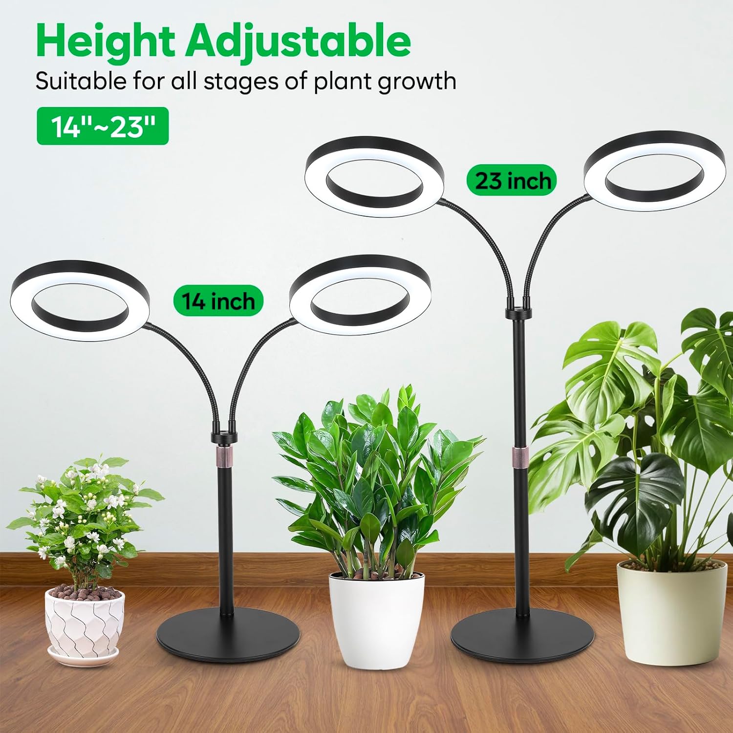Dual-Head Grow Lights for Indoor Plants, LED Full Spectrum Plant Lamp with Timer 3/9/12H, 10 Dimmable Levels, Flexible Gooseneck, Height Adjustable 14"-23" for House Plants & Seedlings