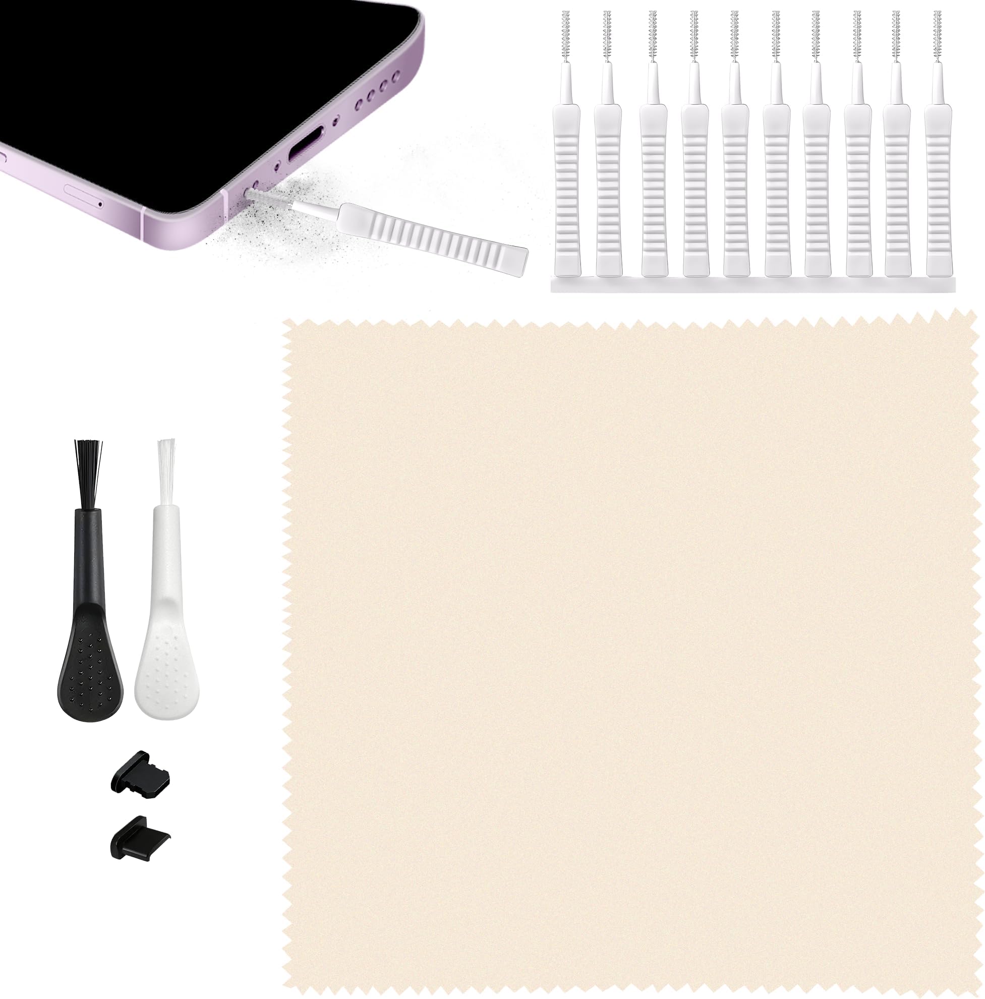 Phone Cleaner Set Handy Cleaning Tool for Smartphone, Phone Port Cleaning Kit with 12 Anti-dust Brushes, USB C Port Cleaner with Microfiber Cloth, Compatible with Lightning Ports and Speakers
