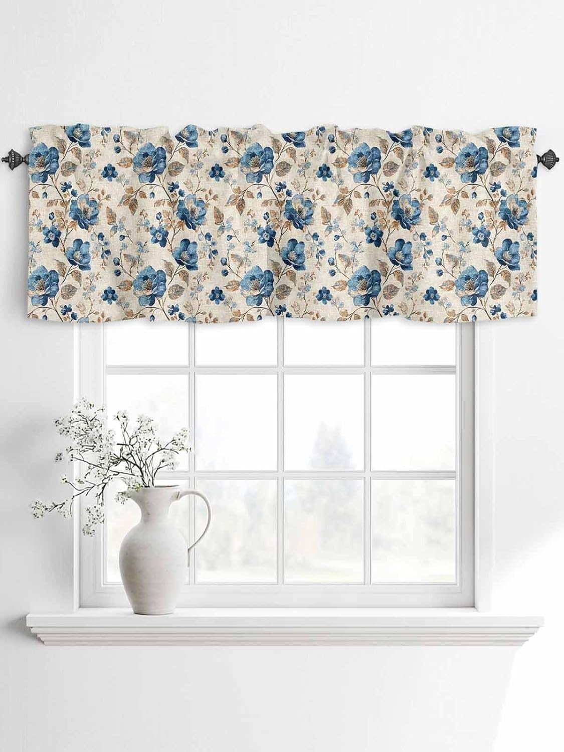 Blue Floral Valances for Windows 2 Pack Farmhouse Flower Kitchen Valance Curtains Rod Pocket Window Treatments Spring Vintage Botanical on Linen Valances for Living Room Bedroom Bathroom 54x18 Inch