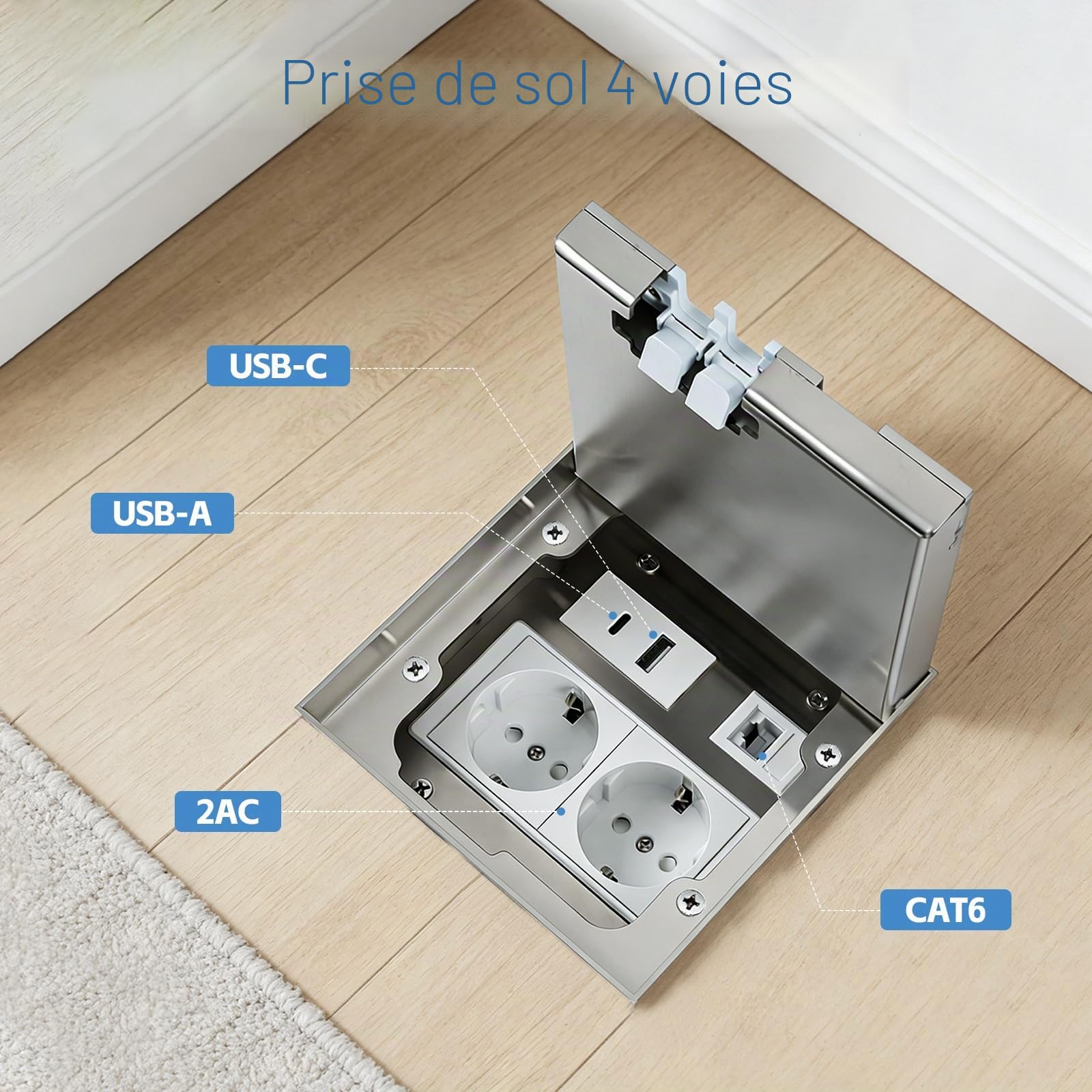 Prise de sol intérieure USB encastrable pour cuisine, encastrable au sol avec 1 connecteur RJ45, prise de sol extérieure pour le sol dans la cuisine, le salon et le bureau