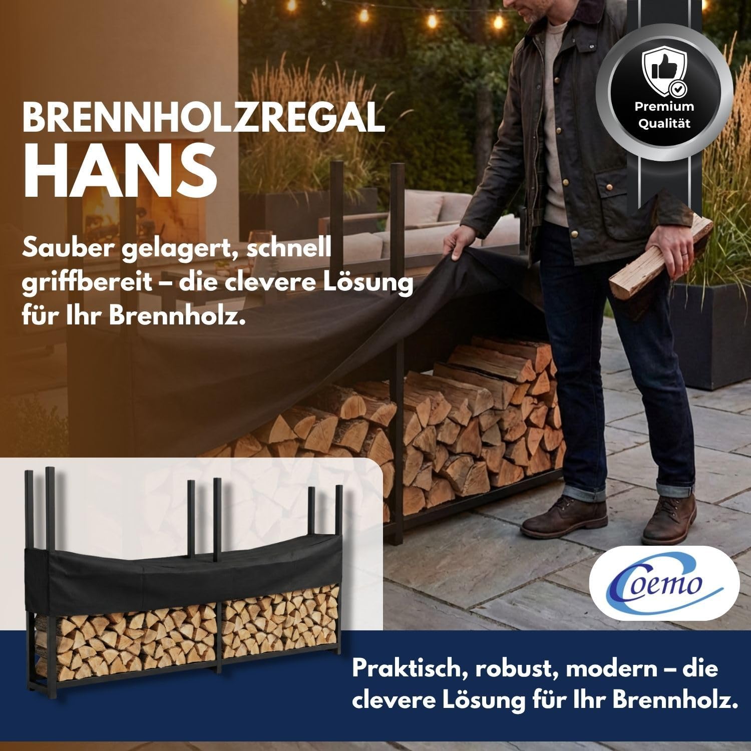 HANS Brennholzregal Metall Wetterfest mit Plane 2 Segmente Länge 2,23 m – Kaminholzregal für Außen, Feuerholzregal Garten, Holzlager Kaminholz, Holzregal Terrasse, Holzunterstand Outdoor & Rostfrei