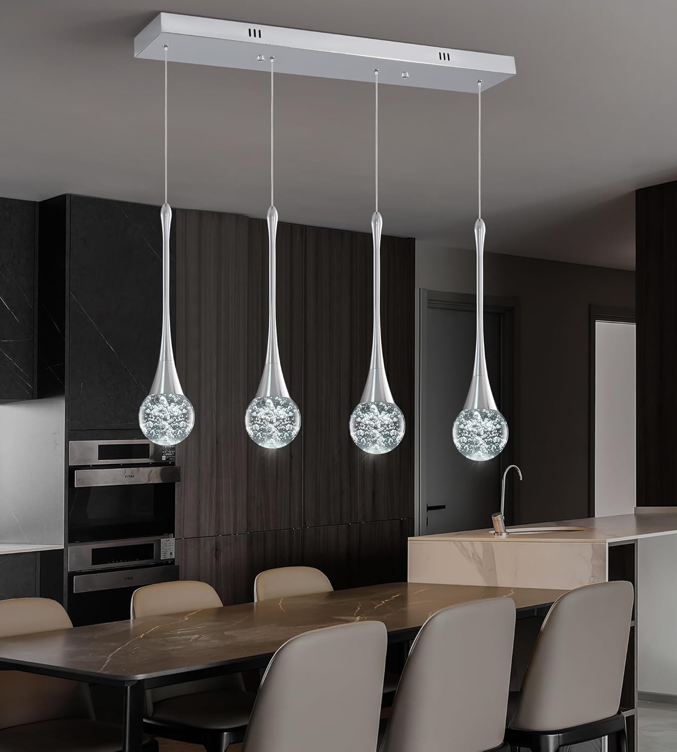 Modern Chrome Crystal Chandelier for Kitchen Island 4-Lights, Luxury Retangular Dimmable LED Bubble Raindrop Pendant Lighting Fixture for Dining Room Foyer Entryway Bedroom
