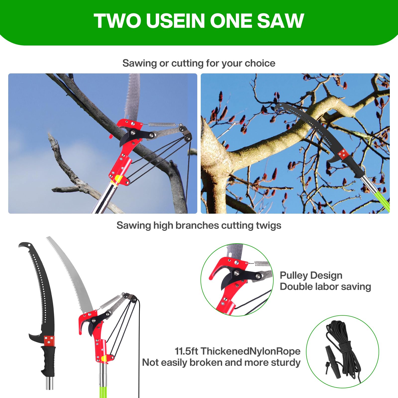 Coupe Branche Télescopique 8m: Scie Telescopique Elaguer 2 en 1,7 Manche Télescopique | 2 Lames de Scie | Sac de Transport, Scie d'élagage Pour Élagage Palmiers Arbustes (Vert)