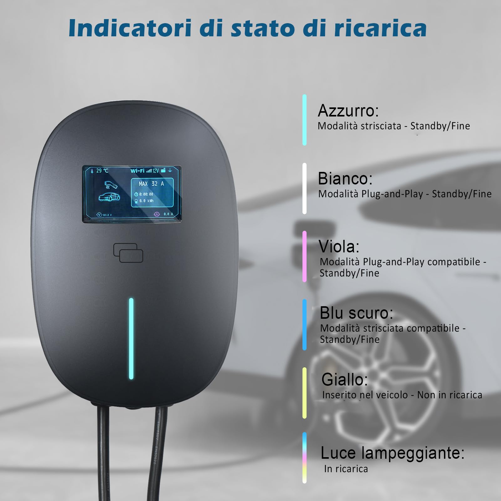 YU YUSING Colonnina Ricarica Auto Elettrica 22 KW, 7M Cavo Ricarica Auto Elettrica Tipo 2, 6-32A Wallbox Trifase, Carichino Auto elettrica con Schuko, Contro App, LCD Digitale e Supporto, IP65, Grigio