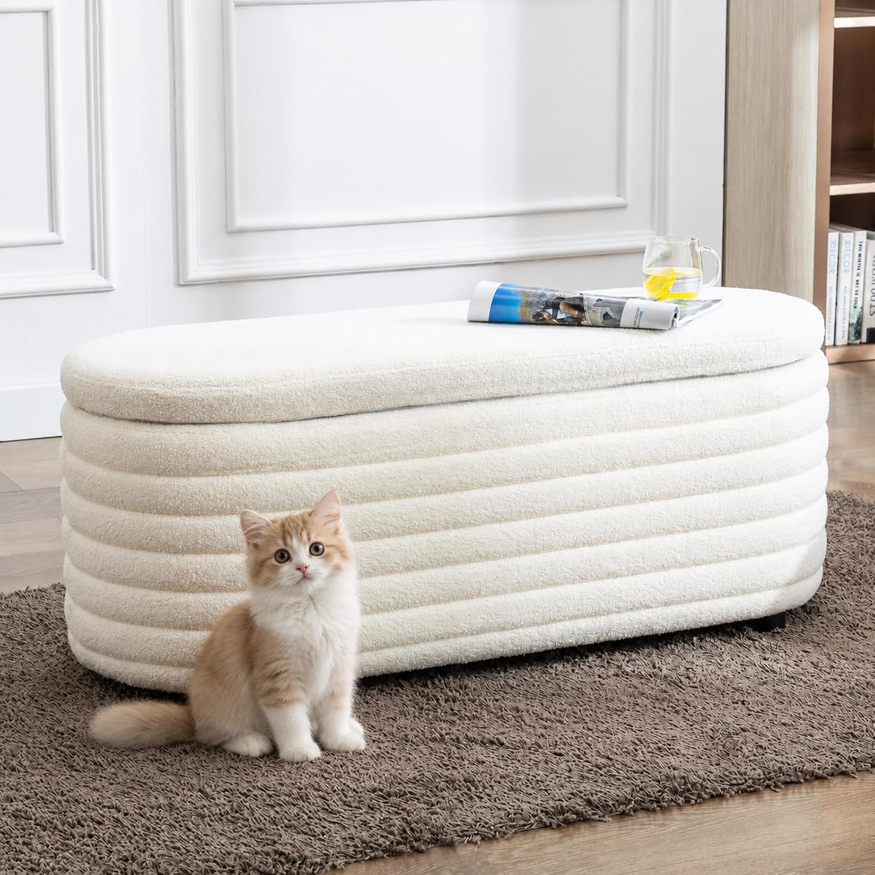 DM Furniture White Teddy Boucle Storage Ottoman Bench