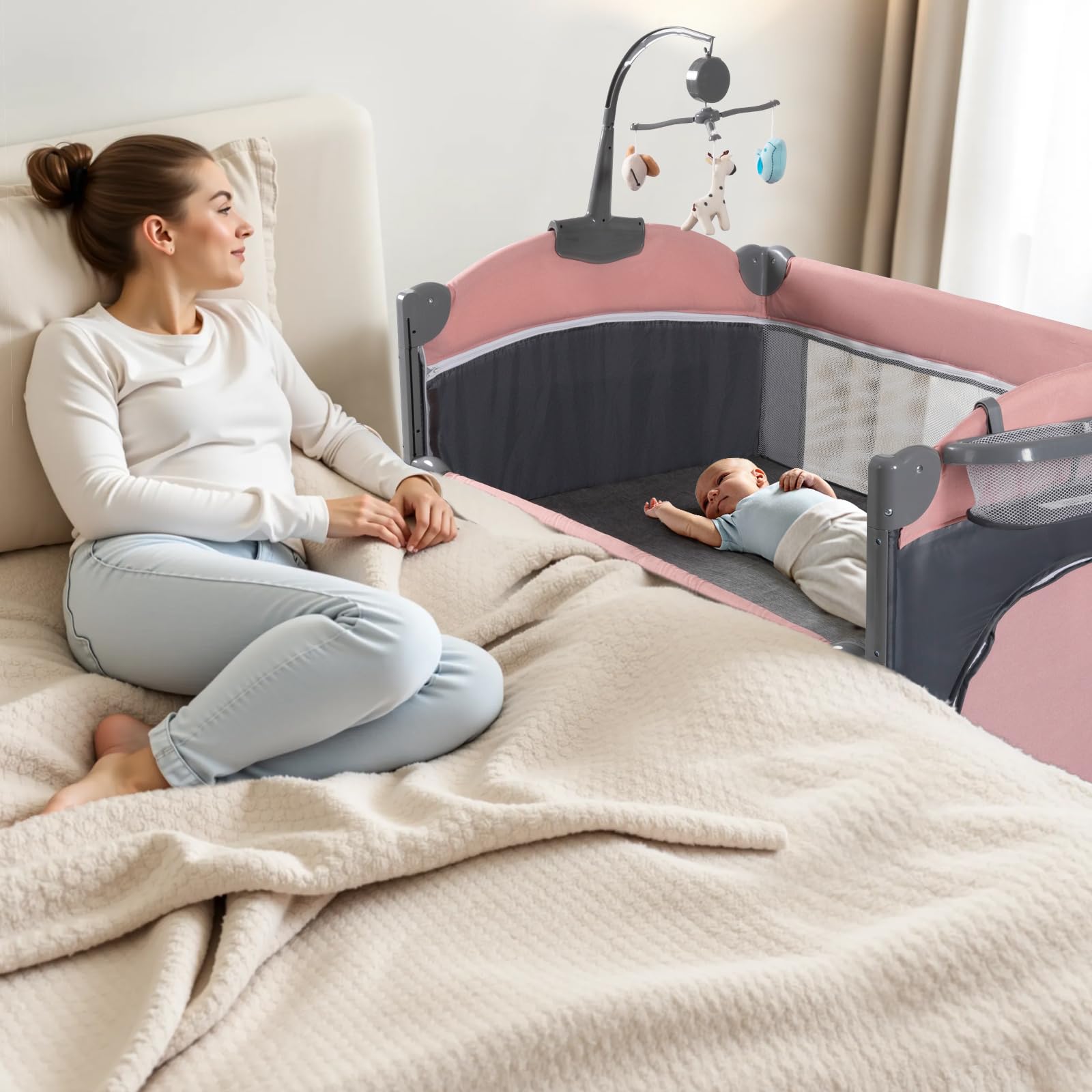 Soobaby 5-in-1 Baby Crib in bassinet mode next to an adult bed.