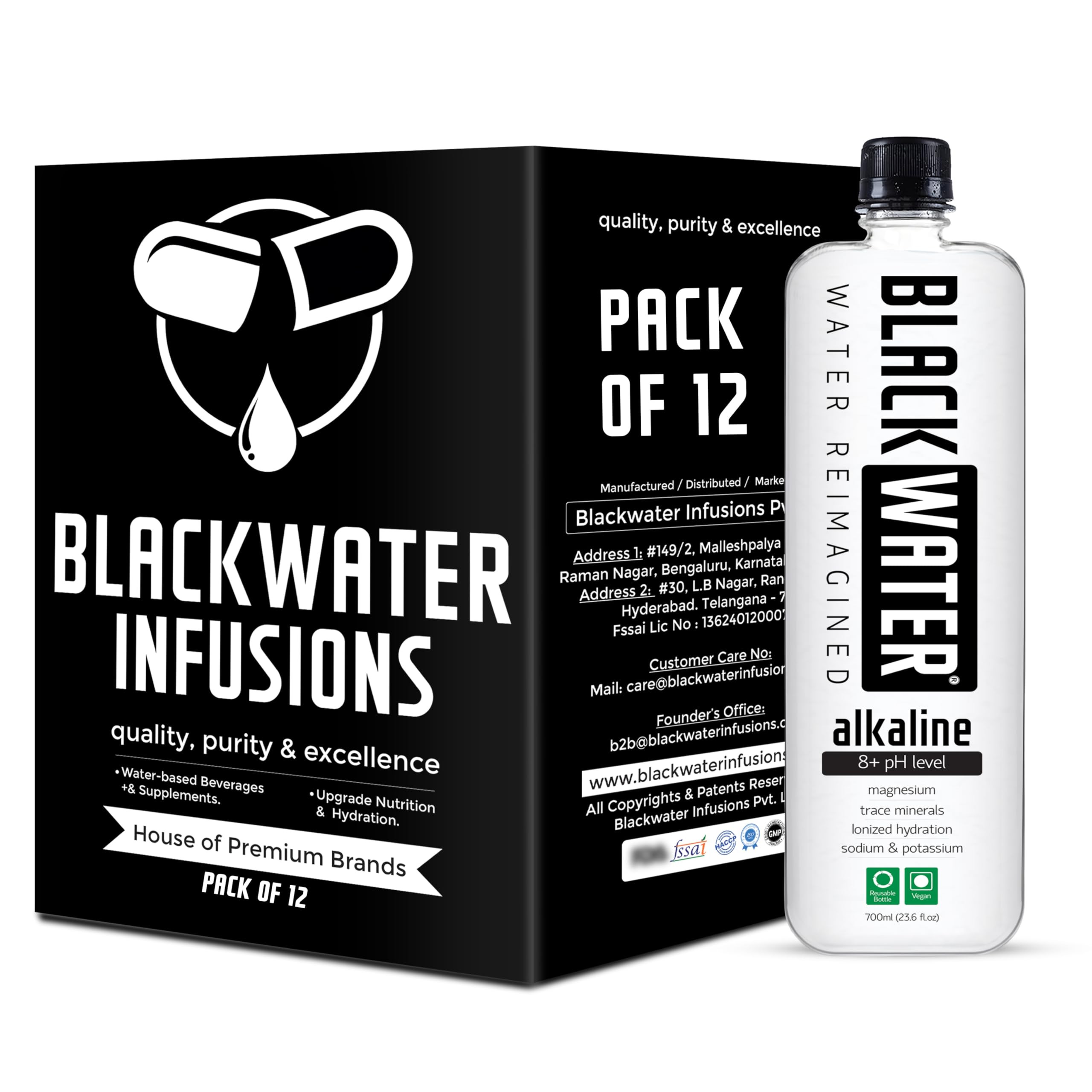 BLACKWATER Alkaline Water, 8+ pH Level, with Magnesium and Trace Minerals. ALKALINE 700ML (Pack Of 12)