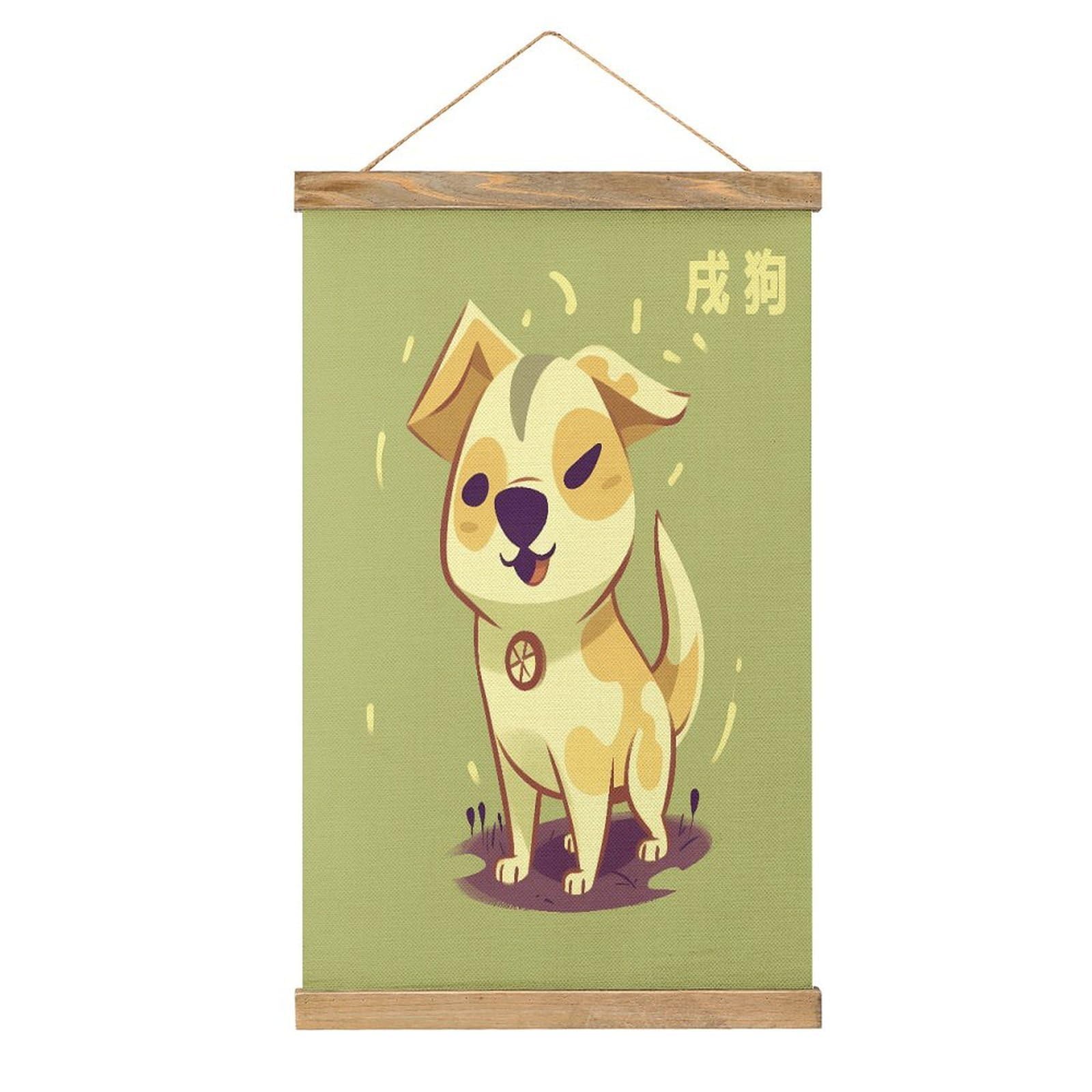 JTREHY Cartoon Puppy Linen Hanging Painting Vintage Poster Wall Art Prints Personality Style Wall Hanging Poster for Living Room Office Bedroom Decor Frame 13.2 X 20.47 Inch