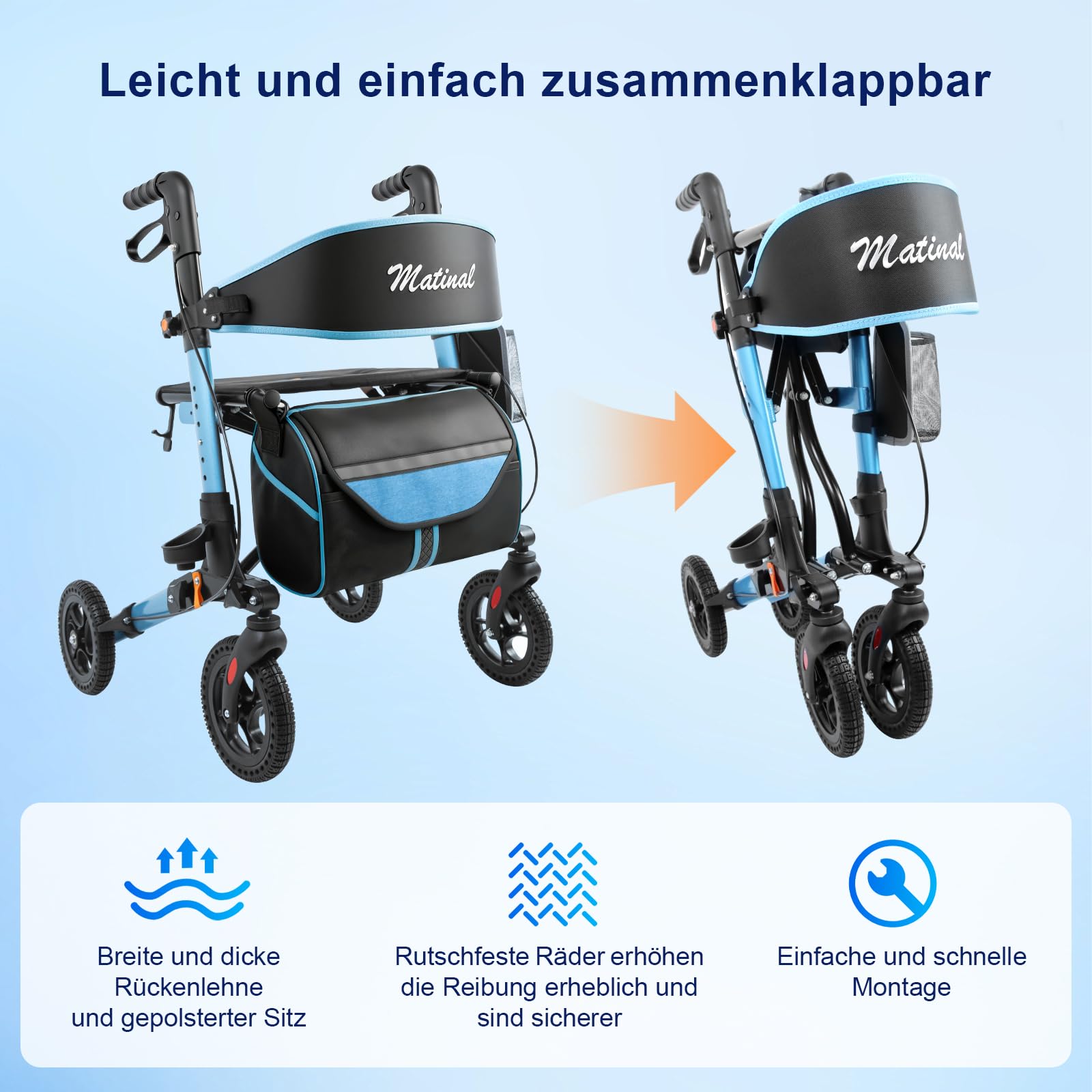 Rollator Faltbar mit Sitz für Senioren, Leichter Rollatoren, Blau | Faltbarer All-Terrain-Rollator mit Sitz für Indoor-& Outdoor, Leichtgewicht Aluminium mit 20 cm Gummirädern