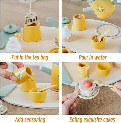 Miniatura 11 de Juego de té de madera para niñas pequeñas, juego de té para niños pequeños, juguetes de madera, accesorios de cocina para niños pequeños Té