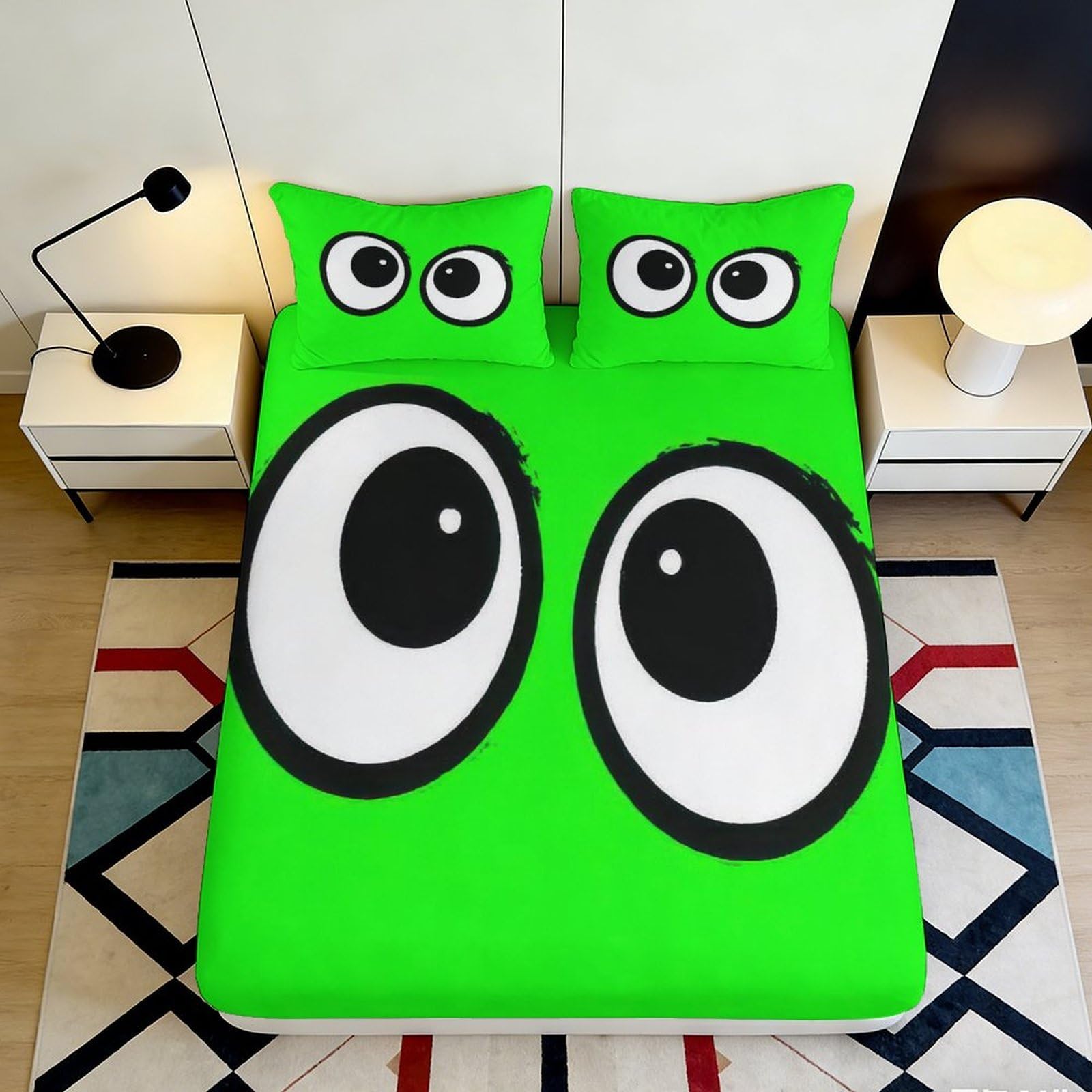 3D Printed Cartoon Frog Eyes Fitted Sheet Microfiber Green Bed Cover Non-Slip for Bedroom Guest Room Dorm Mattress Decor 90x200x25cm