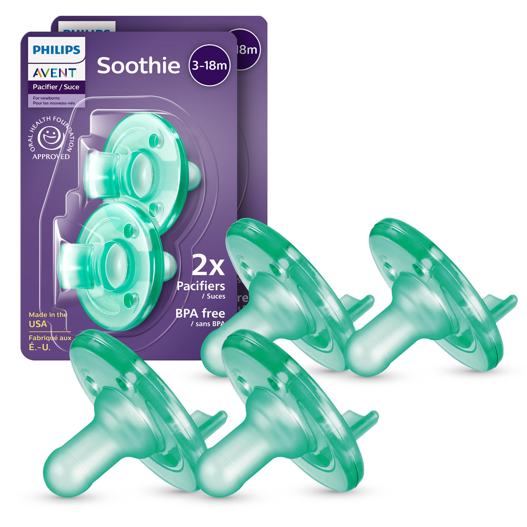 Soothie Orthodontic Baby Pacifiers, 100% Silicone Pacifiers, One Piece, BPA-Free, for Babies 3-18 Months, Green, 4 Pack, Model SCF192/45