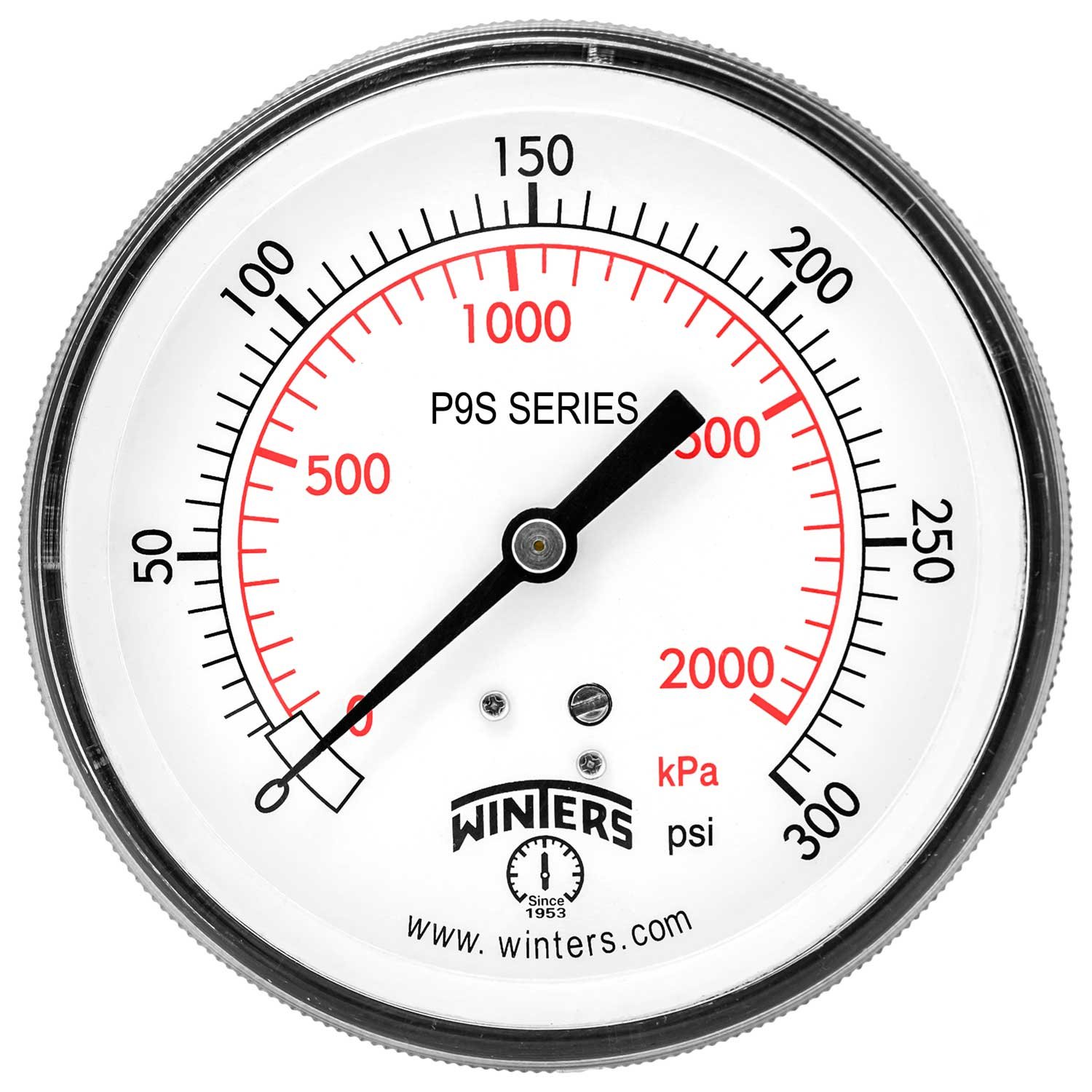 Winters P9S 90 Series Steel Pressure Gauge with Removable Lens, 0-300 psi/kpa, 3-1/2