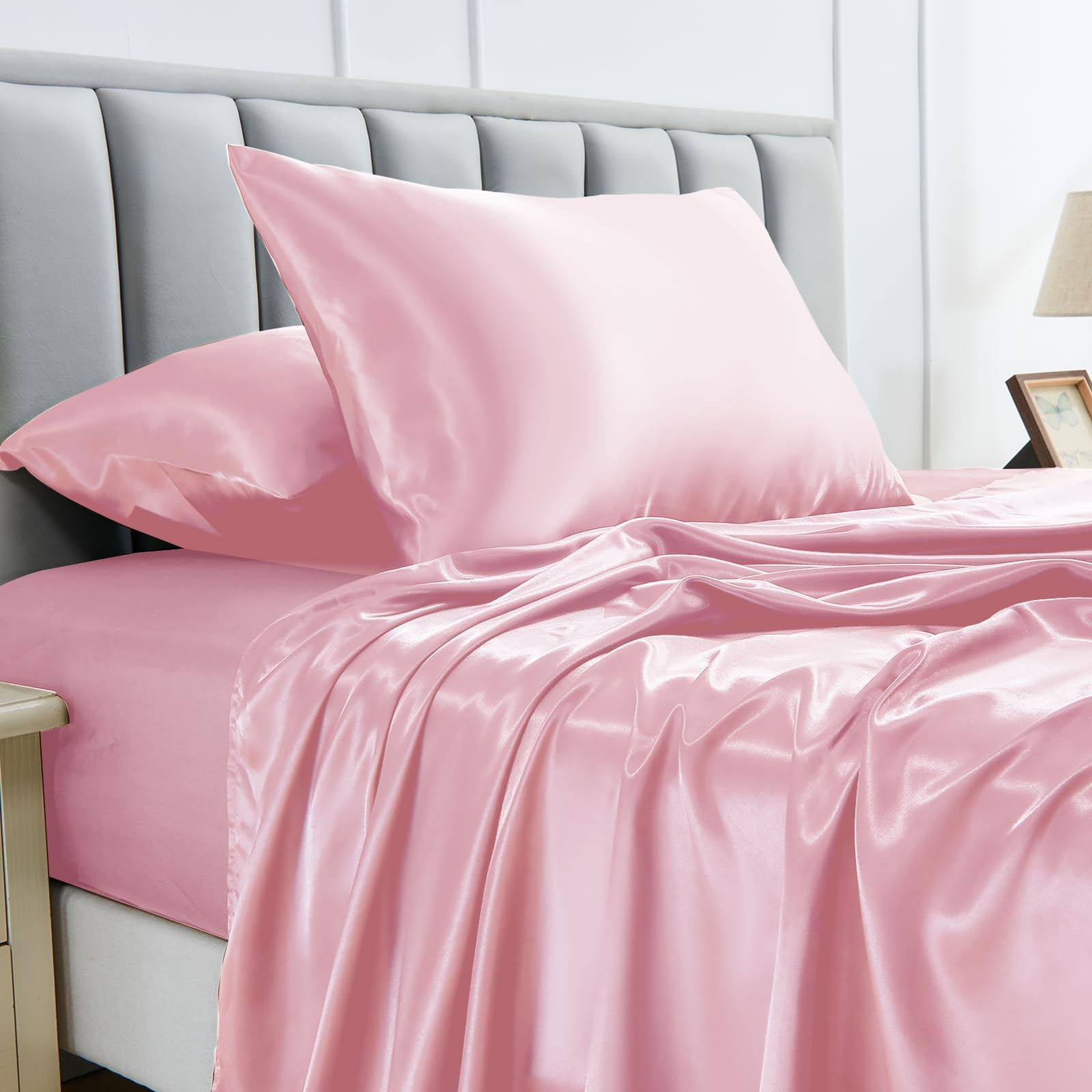 Sasttie Juego de sábanas de satén tamaño Queen, juego de sábanas de satén rosa, suave y ultrasuave, sedoso, con 2 fundas de almohada, color rosa