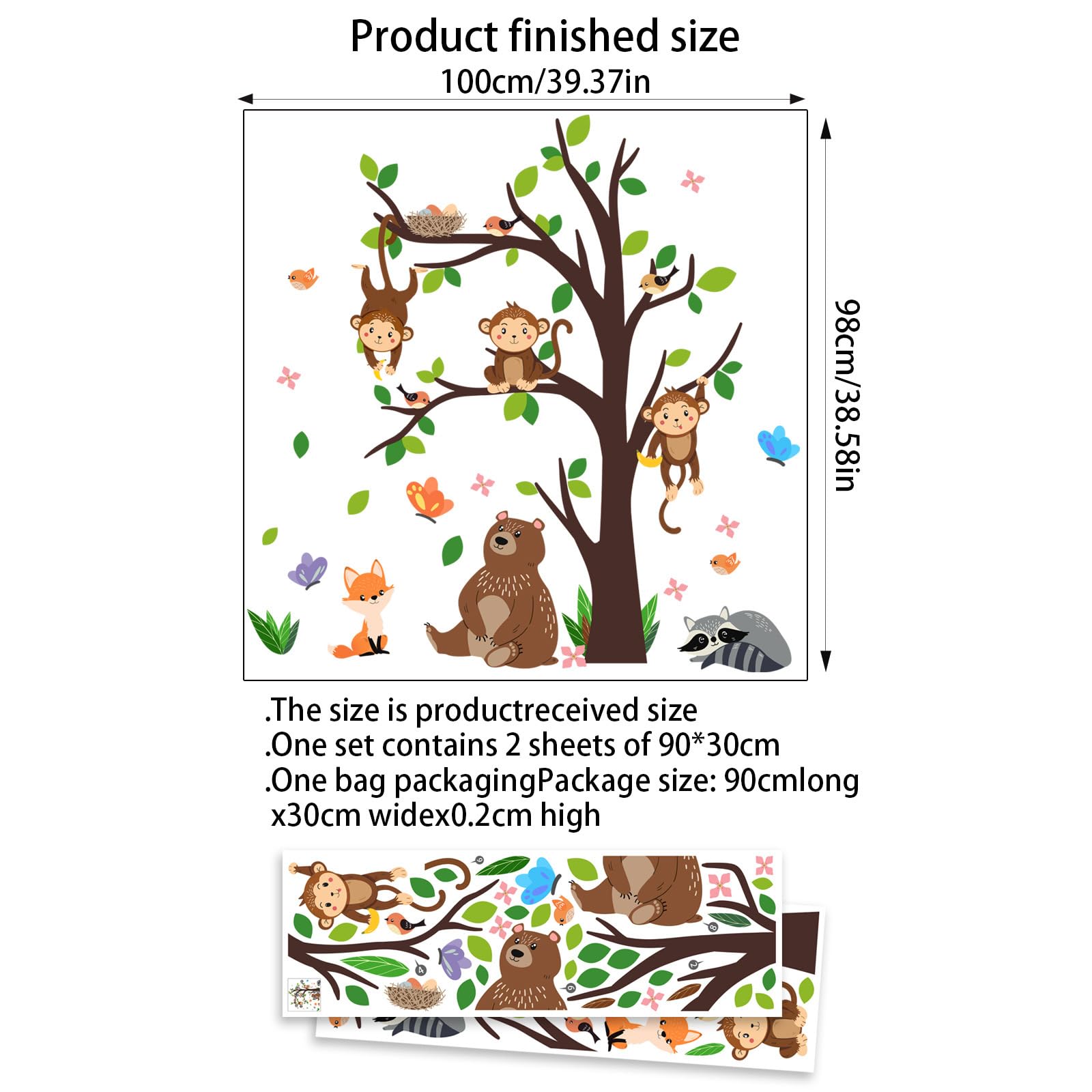 Purekay Jungle Animals Tree Wall Stickers Safari Bears Monkeys Fox Sloth Wall Decoration Nursery Nursery Children's Bedroom - Image 2