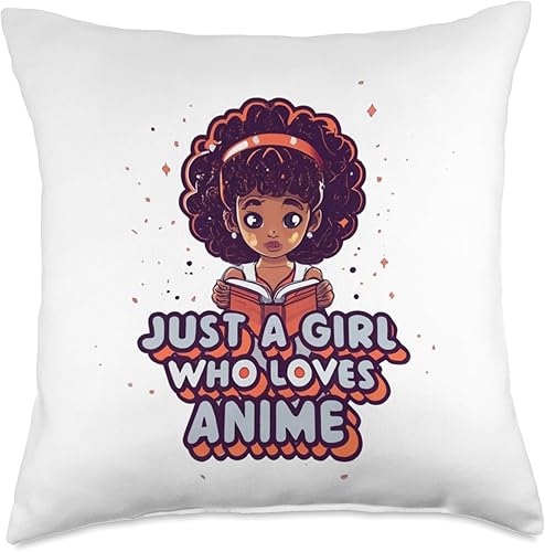African American Anime Just a girl who loves Anime Just Loves Anime Black Afro Girl Throw Pillow, 18x18, Multicolor