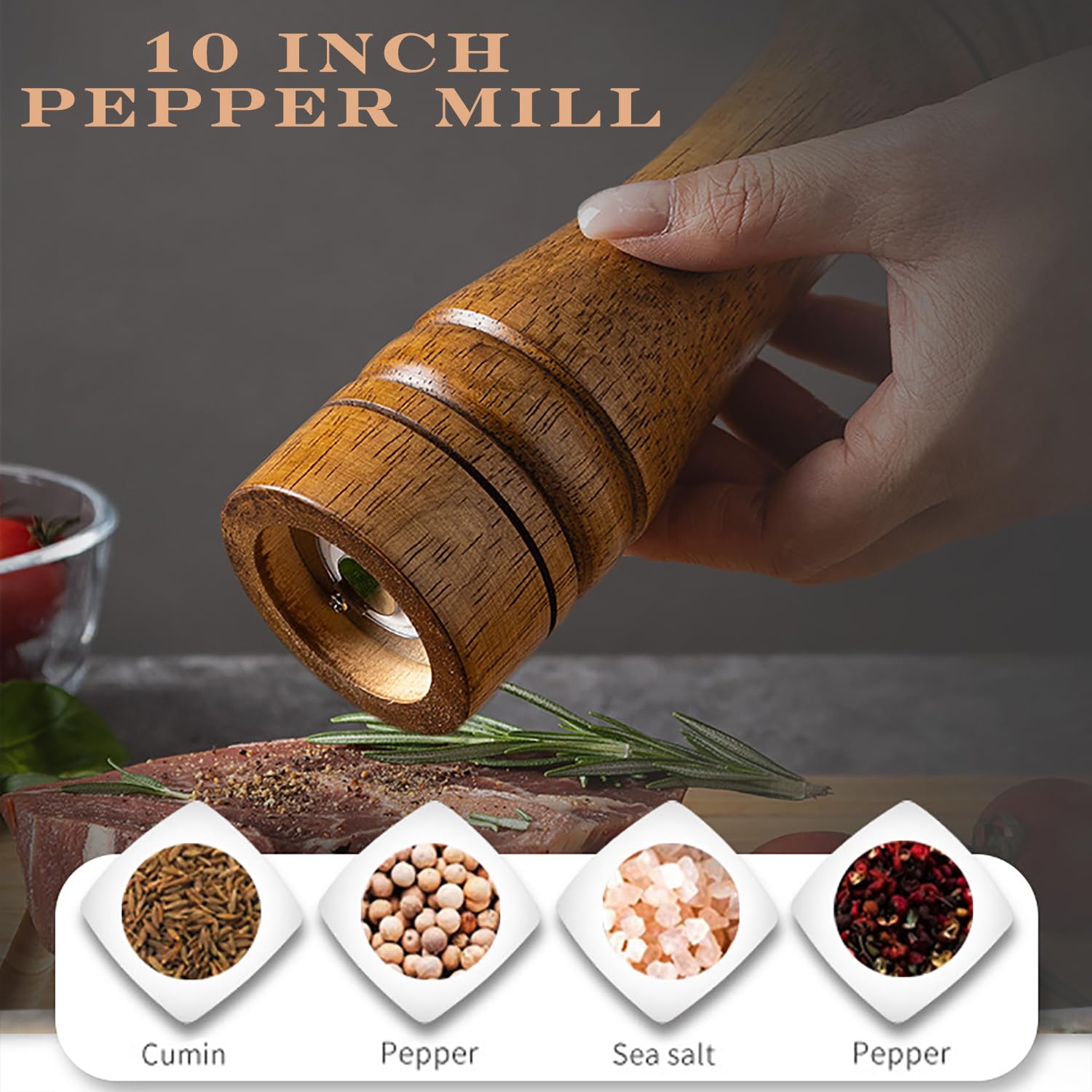 Molinillo de pimienta de madera de 10 pulgadas de grosor ajustable, molino de pimienta de madera o molino de sal con rotor de cerámica ajustable y fácil 8