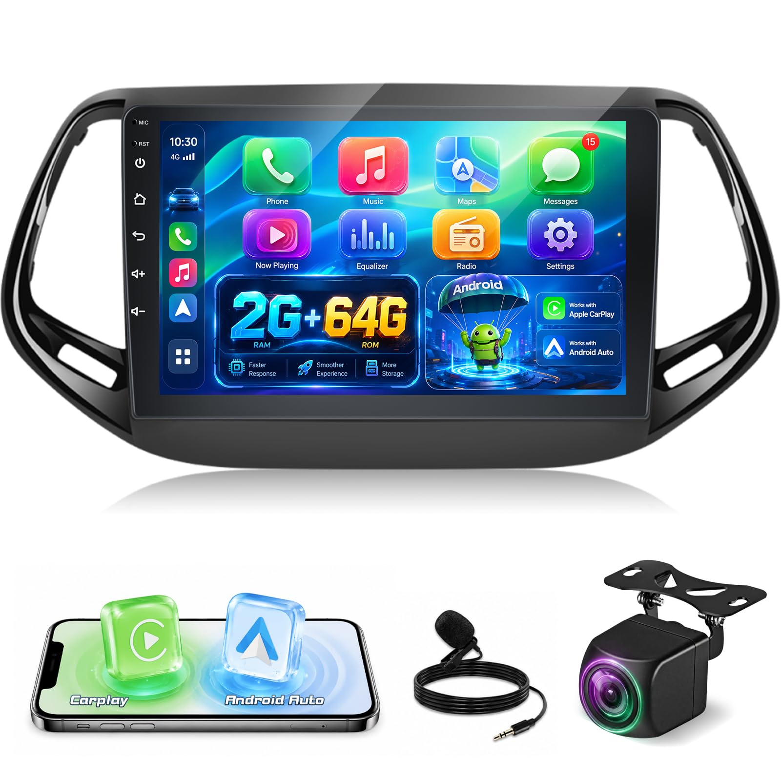 NHOPEEW Radio de Voiture 2+64G pour Jeep Compass 2017-2021 - Carplay sans Fil et Android Auto - Stéréo Android 13 de 10,1 Pouces avec WiFi EQ GPS Mirror Link FM RDS