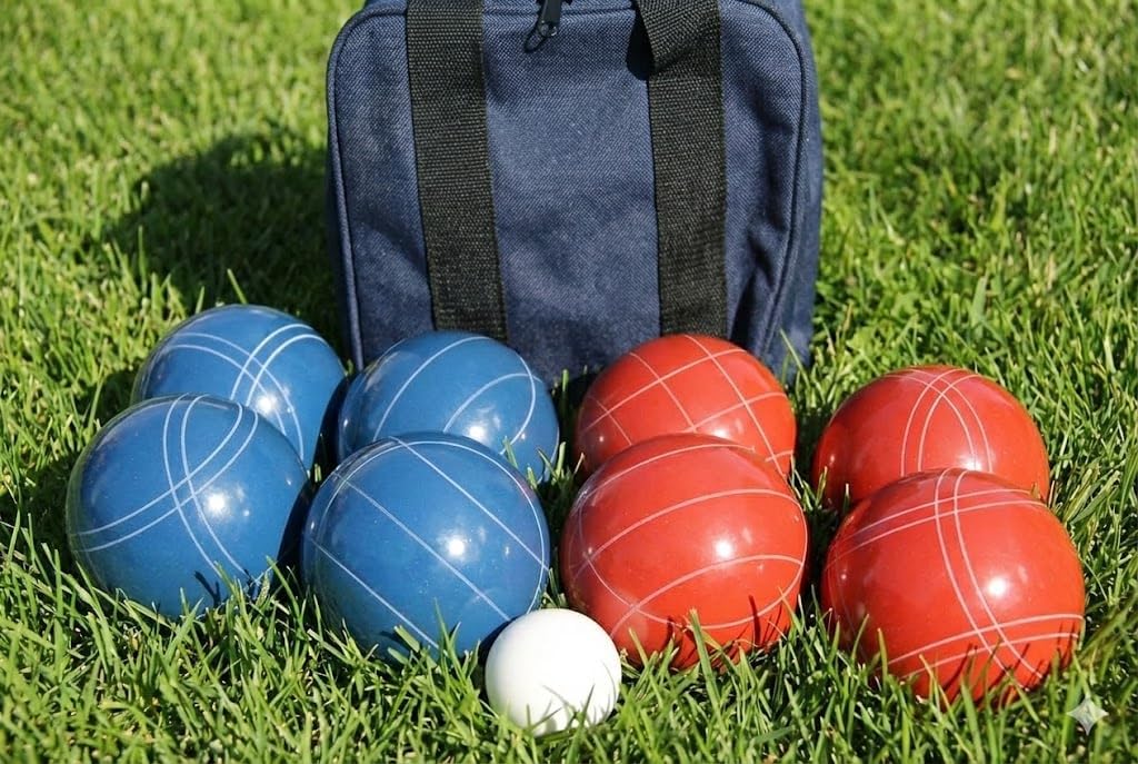 BuyBocceBalls Listing - Made in USA, Premium Quality Tournament Bocce Set - 110mm Blue and Red Balls, Nylon Blue Bag, 998 Grams (2 lbs. 3.2 oz.). Various Bag Colors