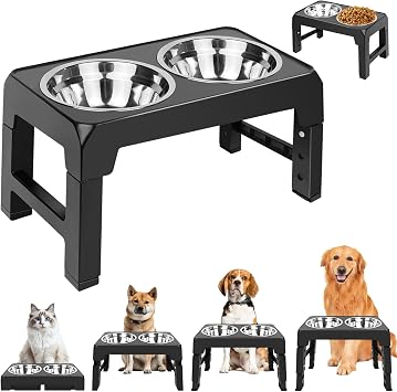 Raised Dog Bowl, Elevated Dog Food Water Bowls Protecting Spine with 4 Adjustable Height, 2x1200ml Stainless Steel Bowls, Non-Slip and No Spill for Small Medium Large Dogs 44cmx24cmx8/22/26/30cm