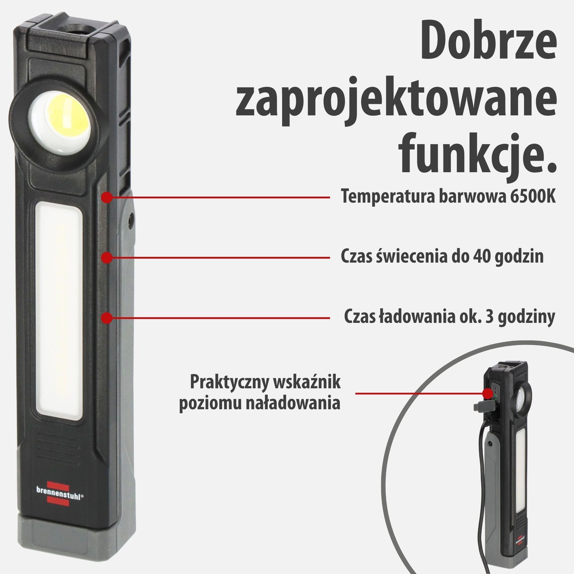 Brennenstuhl Latarka LED akumulatorowa HL 900 A/Lampa robocza z magnesem (3 źródła światła: Spot, COB, SMD, 900lm, stopień ochrony IP54, do 40h pracy, wymienny akumulator, uchwyt 130°, 6500K)