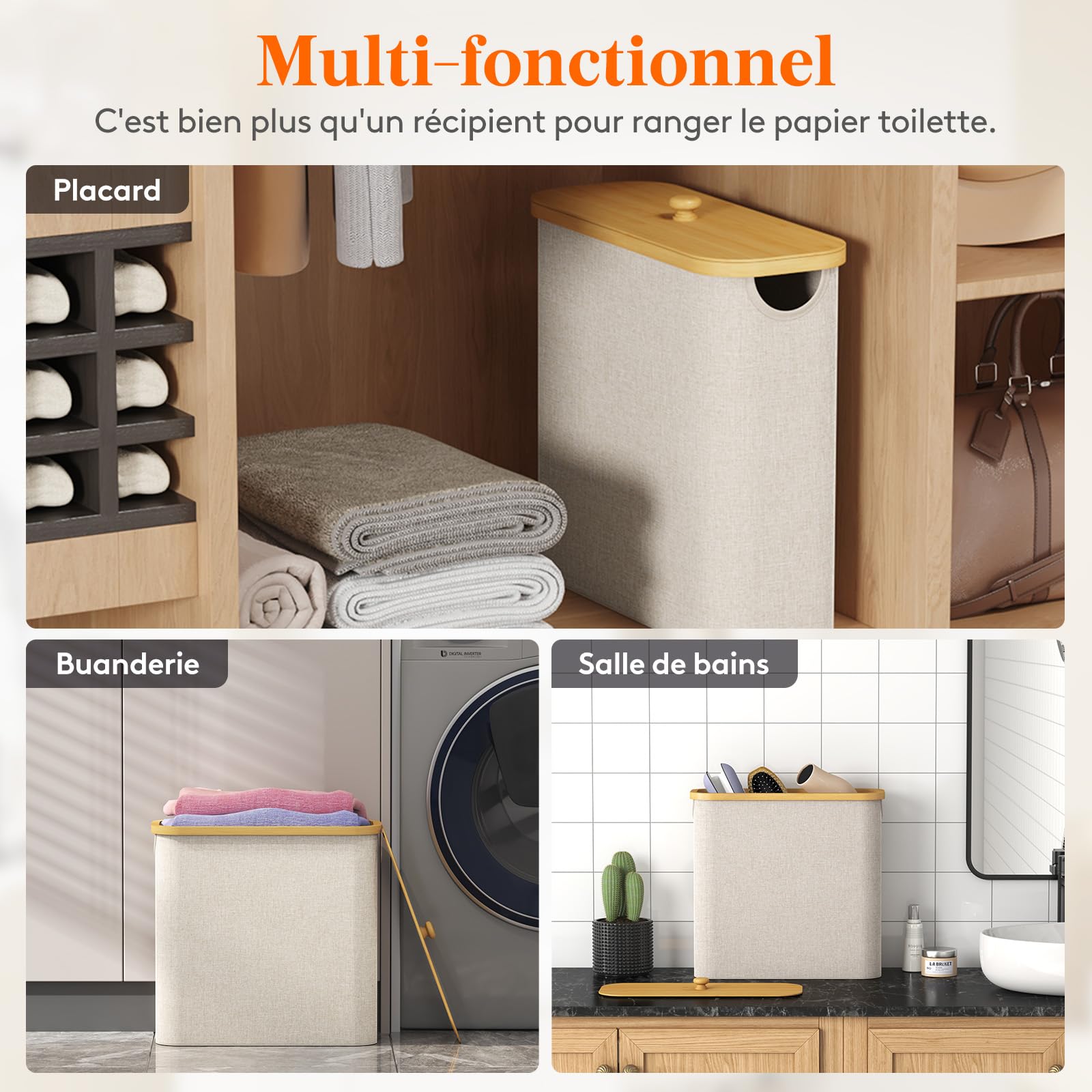 Lifewit Rangement Papier Toilette, Réserves à Rouleaux de Panier Papier Toilette WC avec Bambou Couvercle, Boite Rangement Salle de Bain, Accessoires WC, Panier Rangement Tissu, 23L, Beige