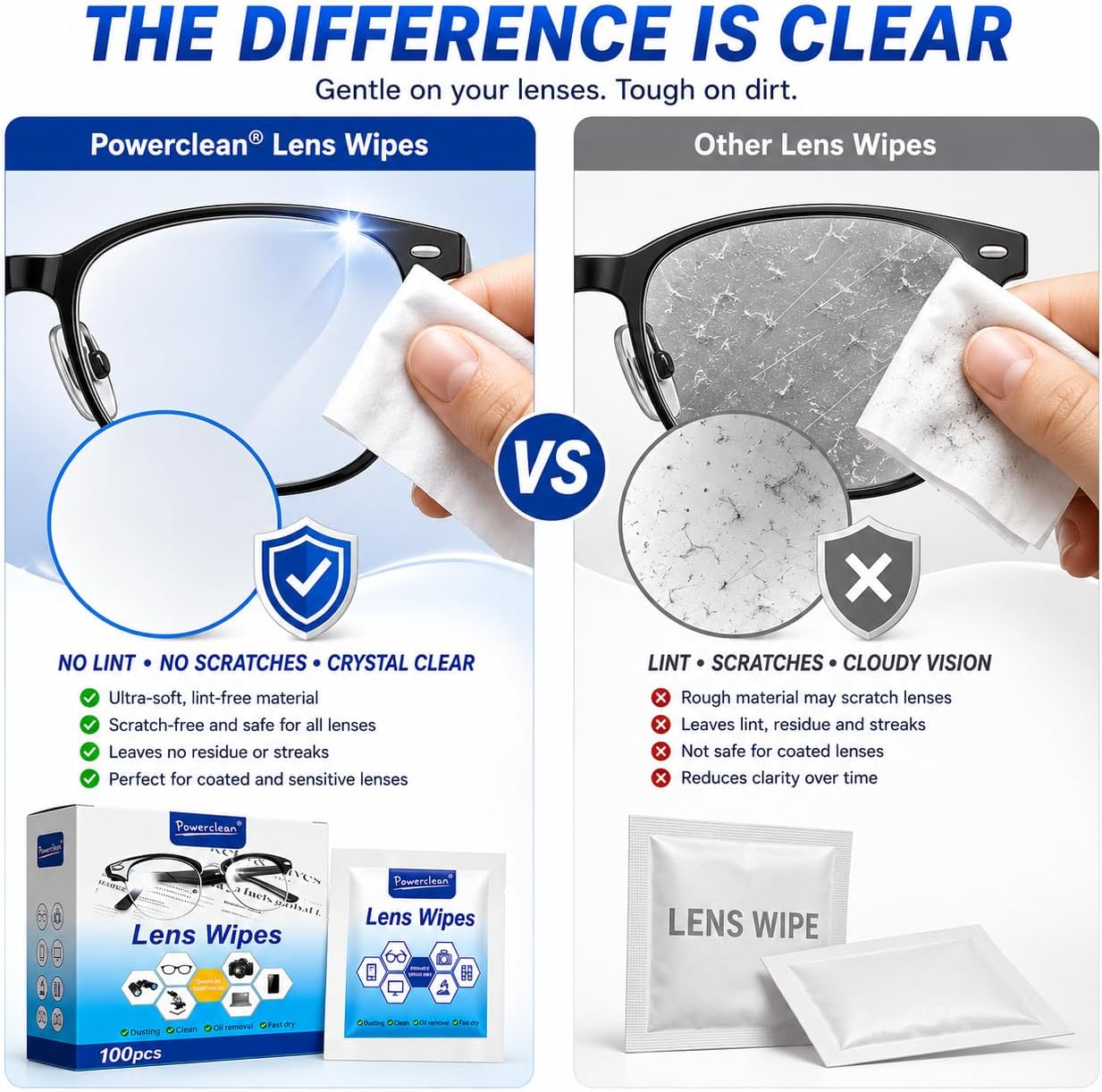 100 Count Lens Cleaning Wipes for Eyeglasses, Individually Wrapped Pre-Moistened Lens Wipes, Streak-Free and Scratch-Free Cleaner for Glasses, Sunglasses, Camera Lenses, Phones and Screens