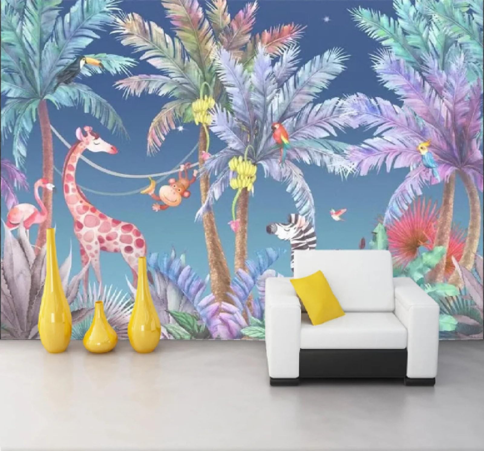 Xlming 150Cm×105Cm(B×H) Beautiful Hand Drawn Watercolour Trees Animals 3D Wallpaper Silky Texture Home Study Office Grey Dining Room Sofa Bedroom Living Room Tv Backdrop-150Cm×105Cm