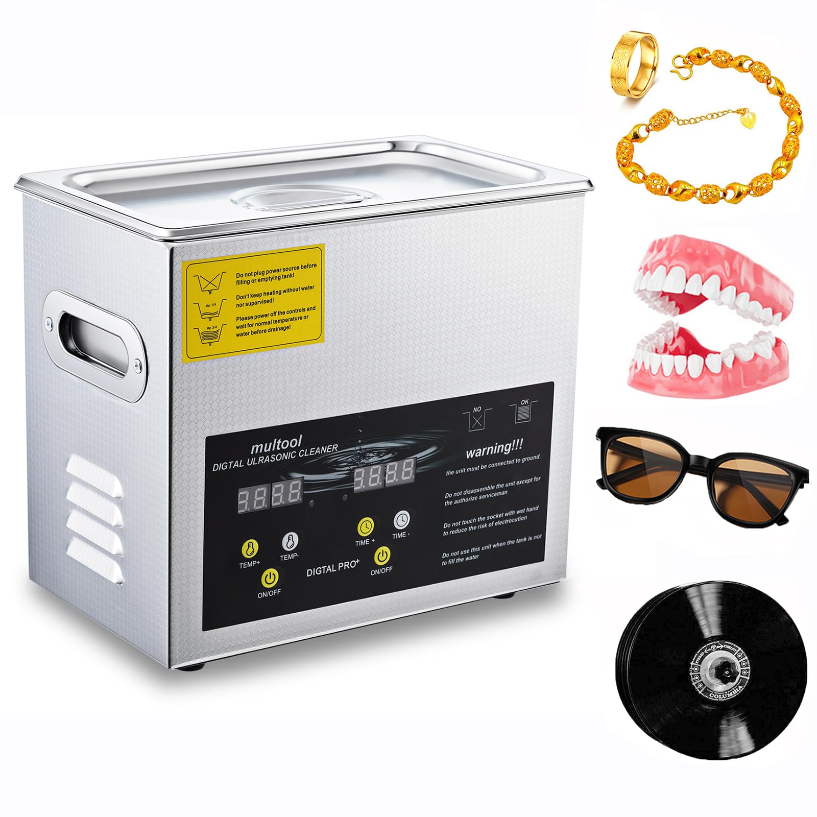Limpiador Ultrasónico de 6.5L, Máquina de Limpieza Digital de Acero Inoxidable con Calefacción de 150W, con Calentador y Temporizador, para Gafas, Anillos, Discos de Vinilo y Piezas Pequeñas