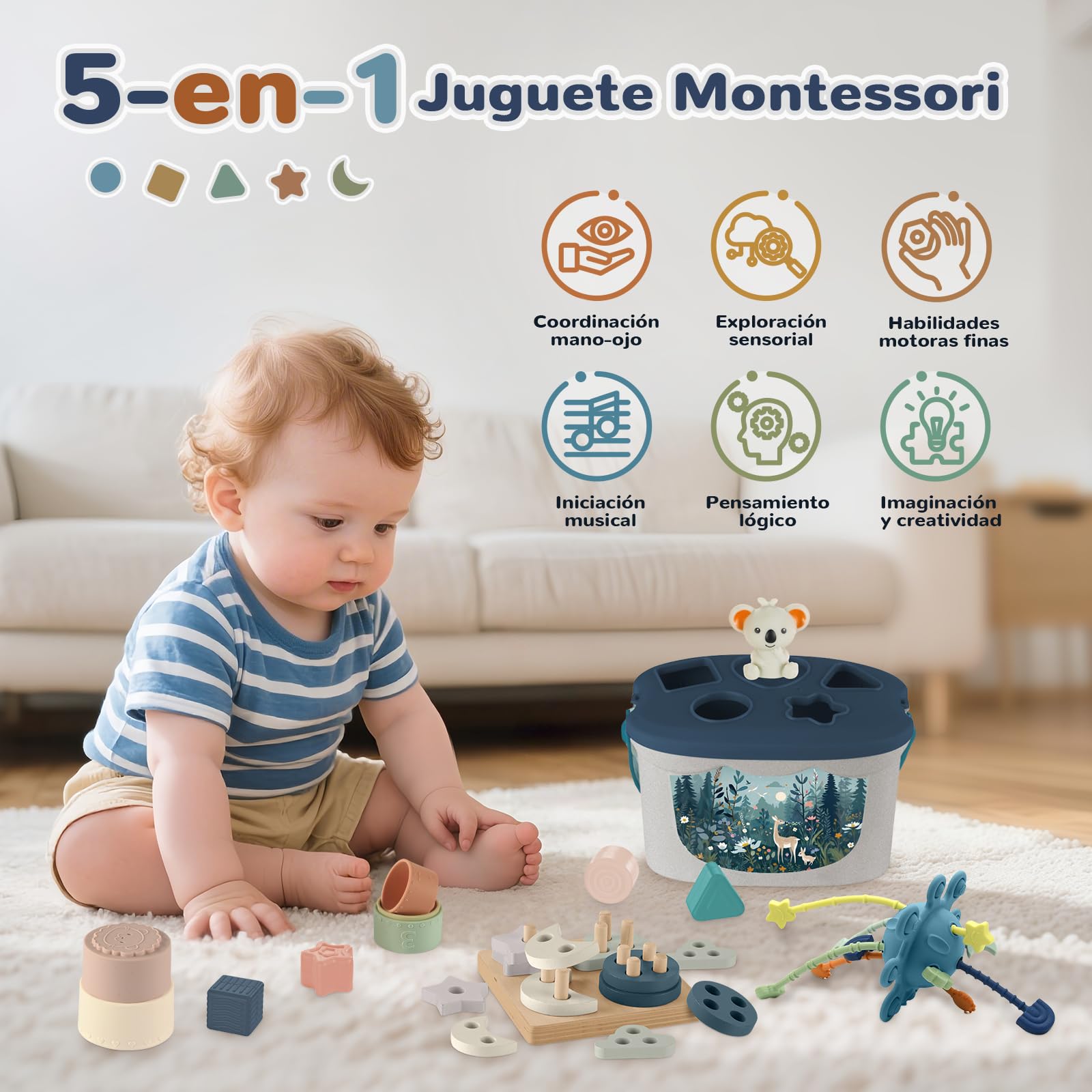 Juguetes Bebes 6-12 Meses,5 en 1 Juguetes Montessori,Juguetes Sensoriales con Cuerda para Tirar, Clasificación y Apilamiento de Formas,Xilófono,Taza de Apilable,Regalos Bebés Montessori 6 a 12 Meses