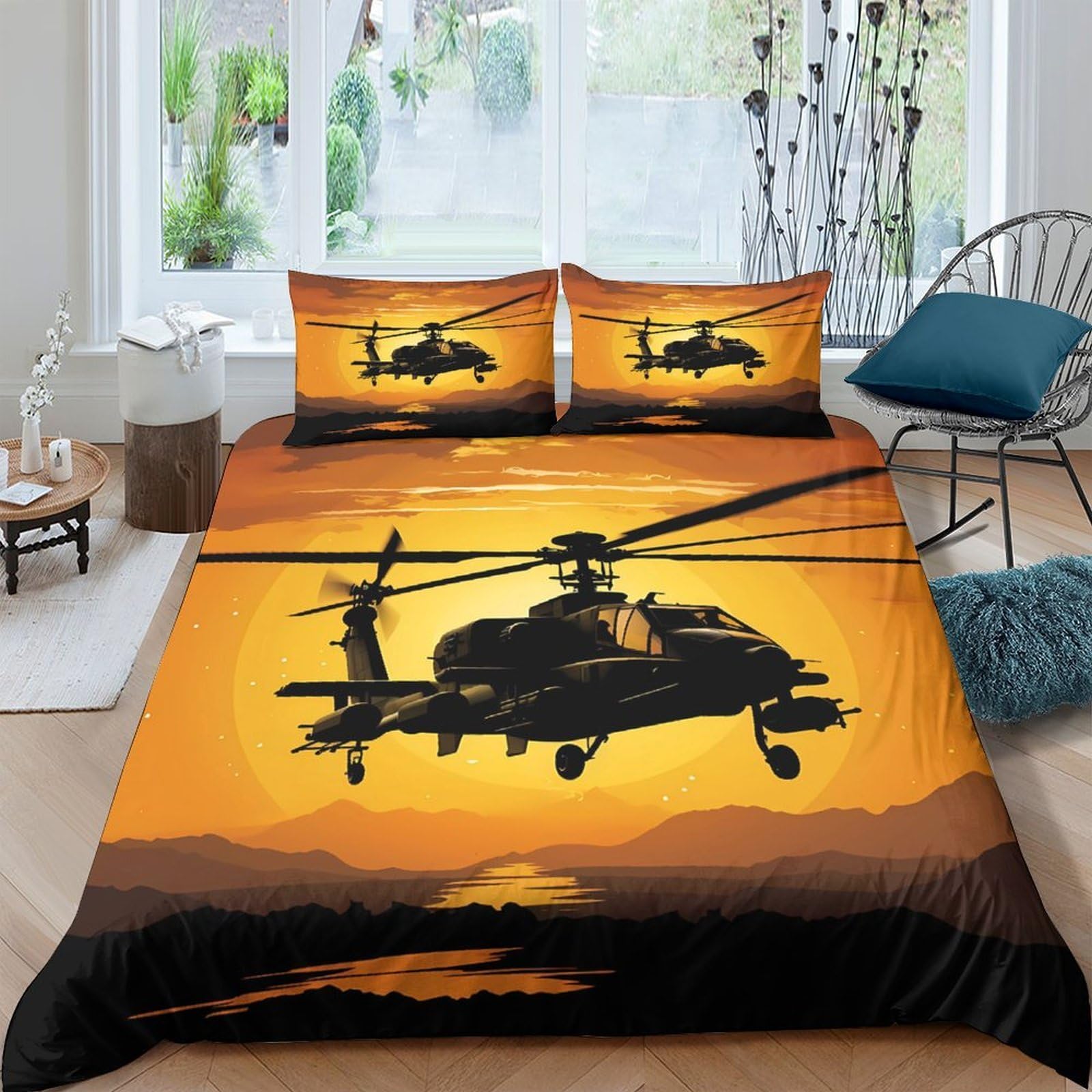 Ctjqhvkz Style-3 3D Printed Sunset Helicopter Fitted Sheet Microfiber Silhouette Bed Cover For Bedroom Dorm Dustproof Washable Decor Single（135X200cm）