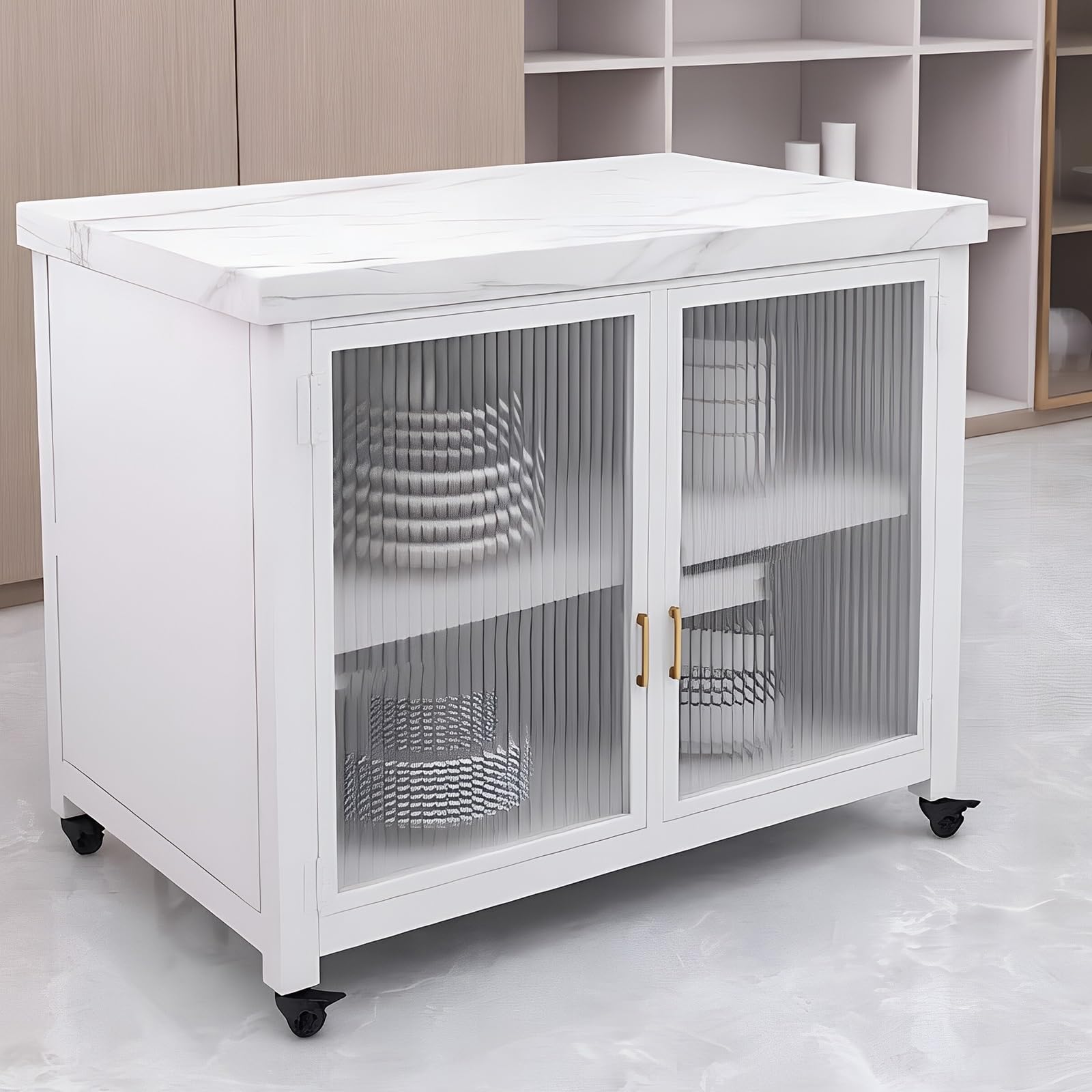 Mobile contenitore per cucina ad isola Armadietto portaoggetti in metallo con isola cucina mobile piano in pietra sinterizzata e anta in vetro scanalato(Bianco,Piccolo)