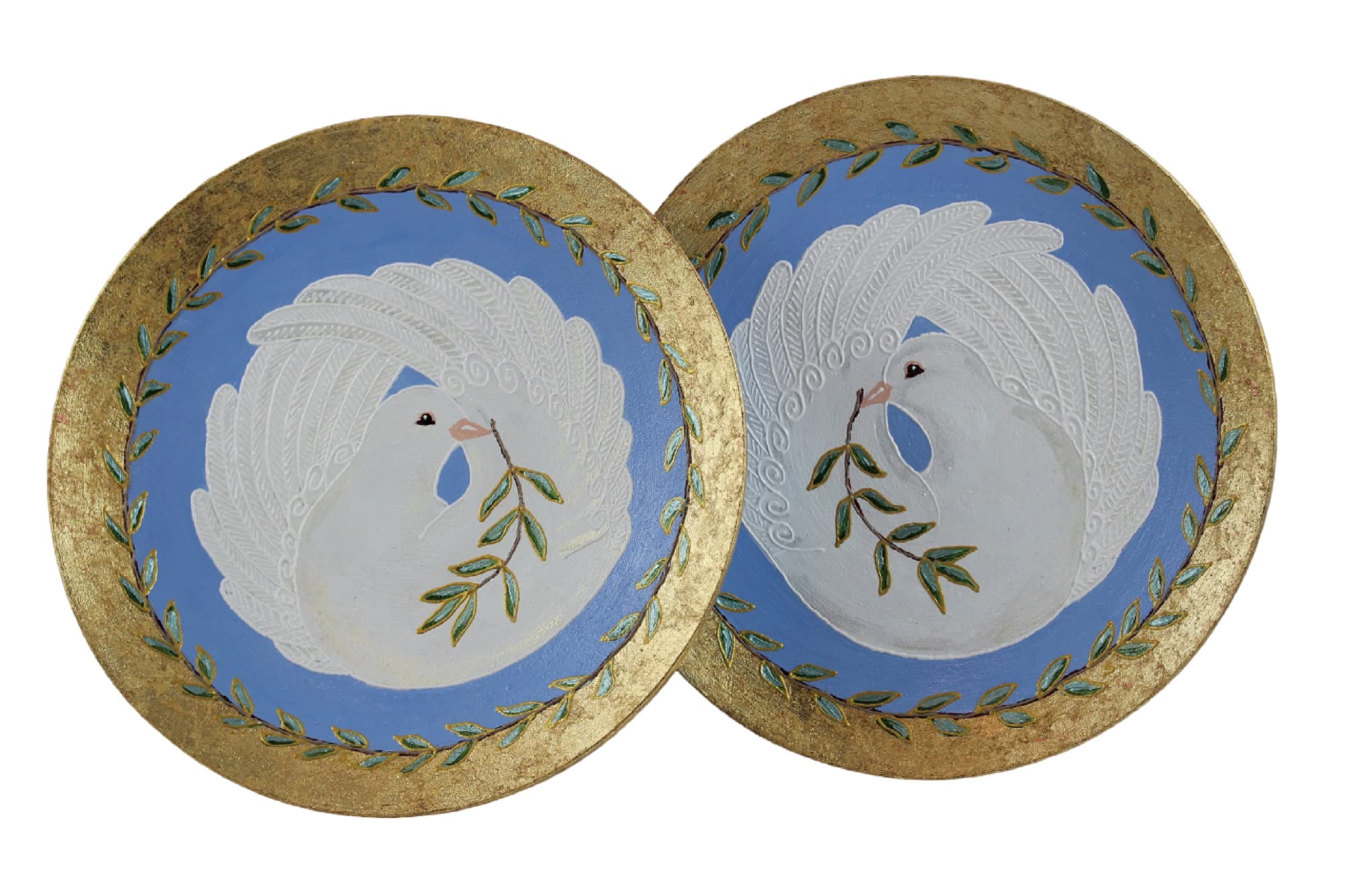 Generisch Wandteller Set Weiße Tauben mit Zweig in Kranz, 2 Deko Teller mit Friedenstaube Blattmetall Vergoldet, Wand oder Tisch Dekoration Blau Gold, Doves4Peace Glücksbringer Design-Serie