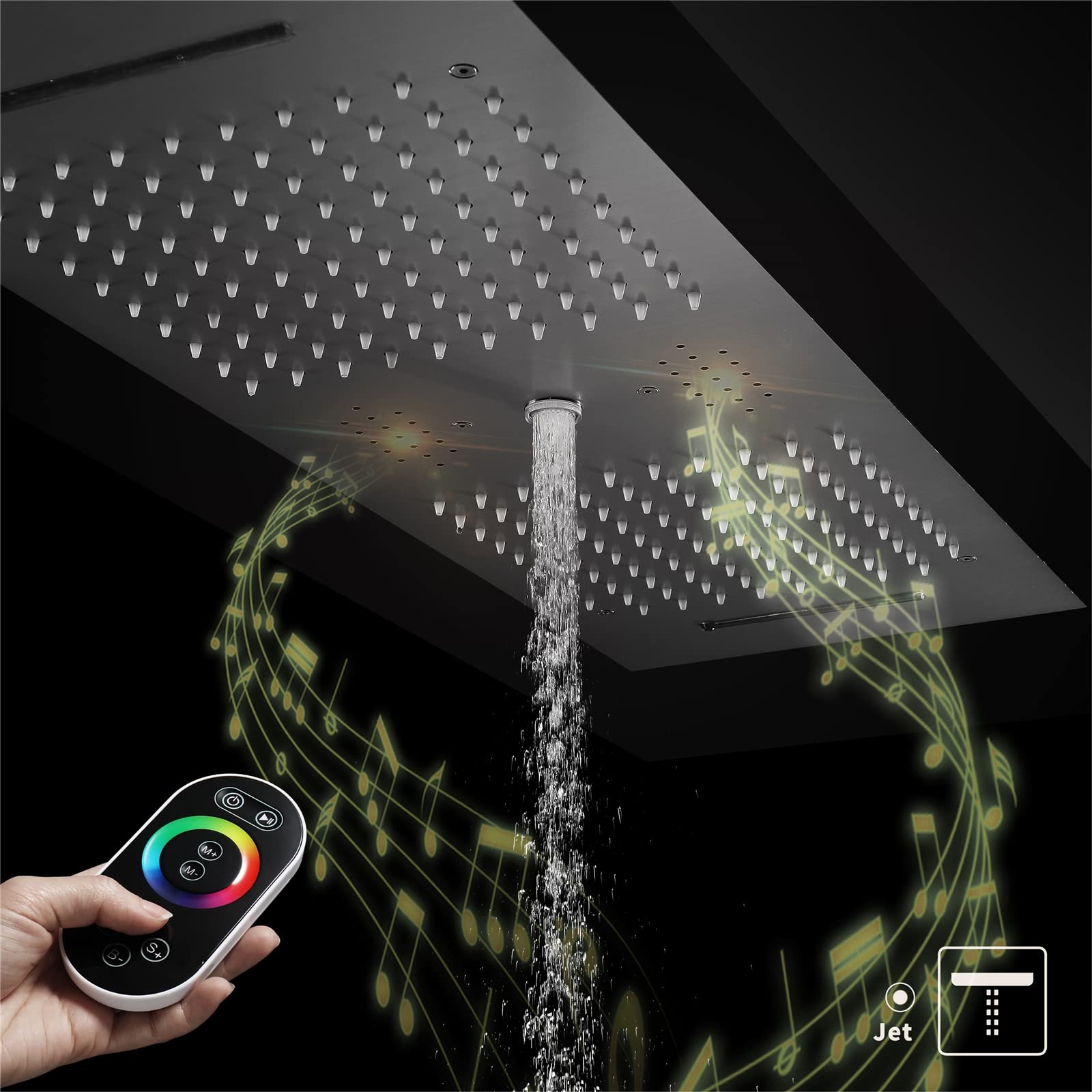 LED Música Rociador Ducha 90x30cm Negro Alcachofas Fijas para Ducha 3 Funciones 64 Colores Alcachofa de Ducha Rectangular 304 Acero Inoxidable Cabezal de Ducha Lluvia,Touch Control