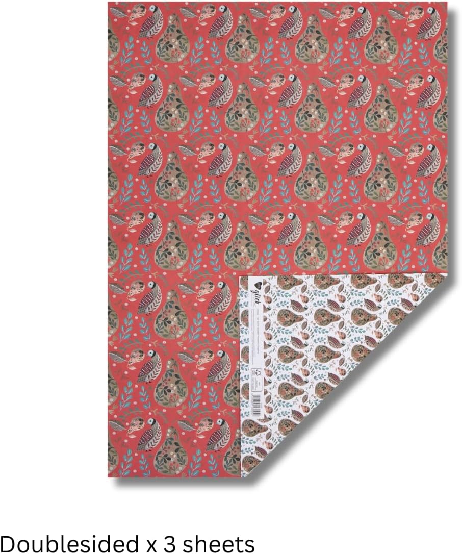 Glick Luxury Christmas Folded Wrap (3 Sheets) Partridge in a Pear Tree Christmas Wrapping Paper, Red & Gold