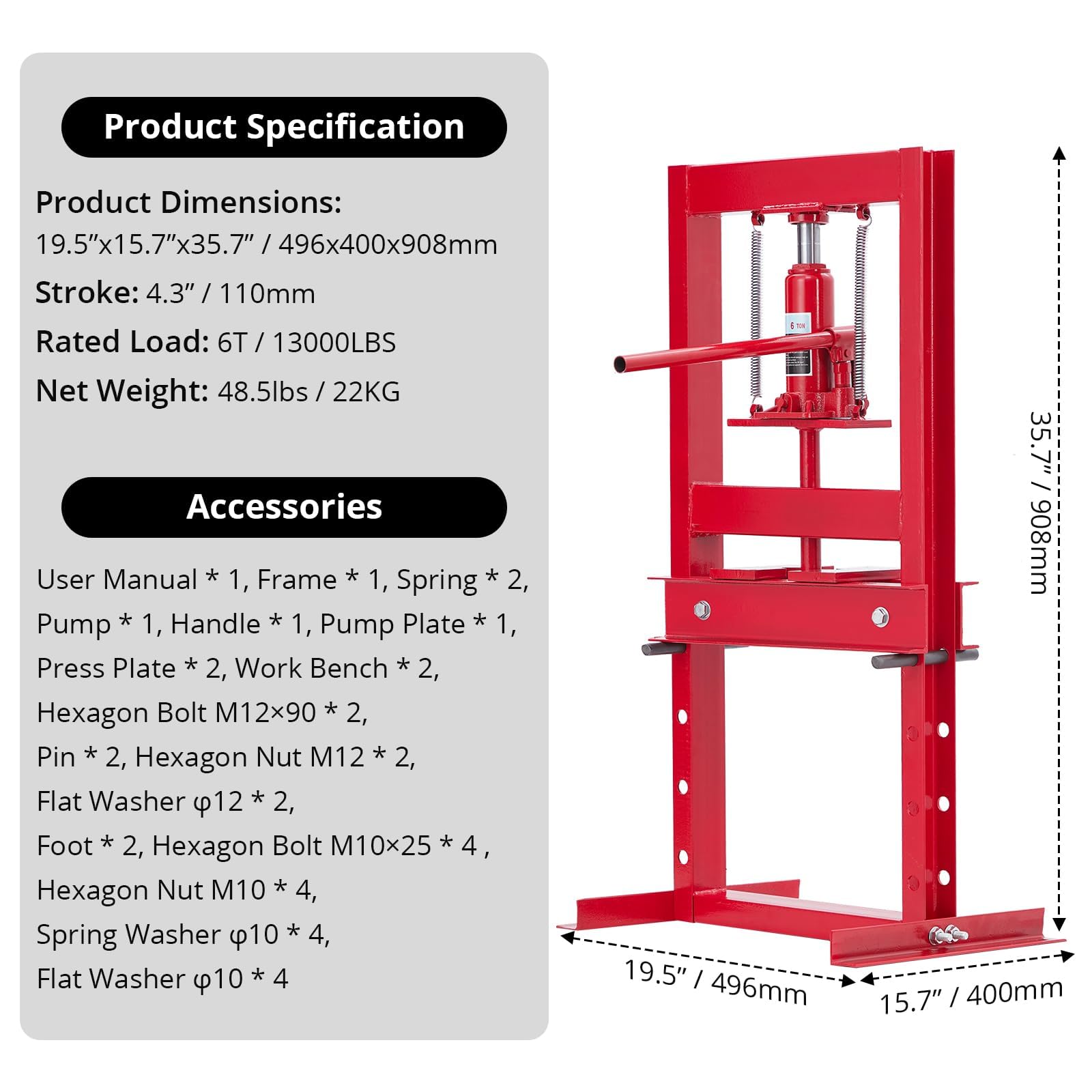 Garvee Pressa idraulica Professionale da Officina e Garage – Struttura H-Frame Robusta – Tavolo Regolabile – Piastre Incluse – Ideale per rimozione Cuscinetti, boccole, Ingranaggi e Lavorazione