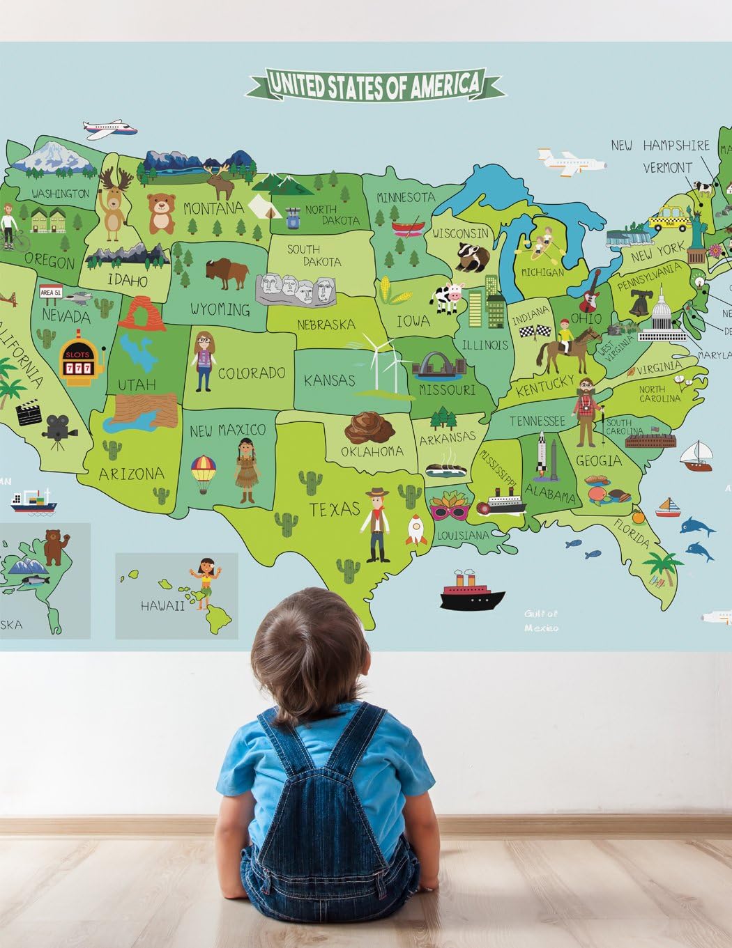 Map of United States Fabric Sticker, Peel and Stick Removable USA Wall Decal (X-Large)
