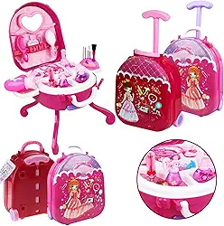 Maleta de Maquiagem Infantil 3 em 1 Princesa – Penteadeira com Espelho, Mochila de Rodinhas e Kit Completo de Brinquedo Educativo