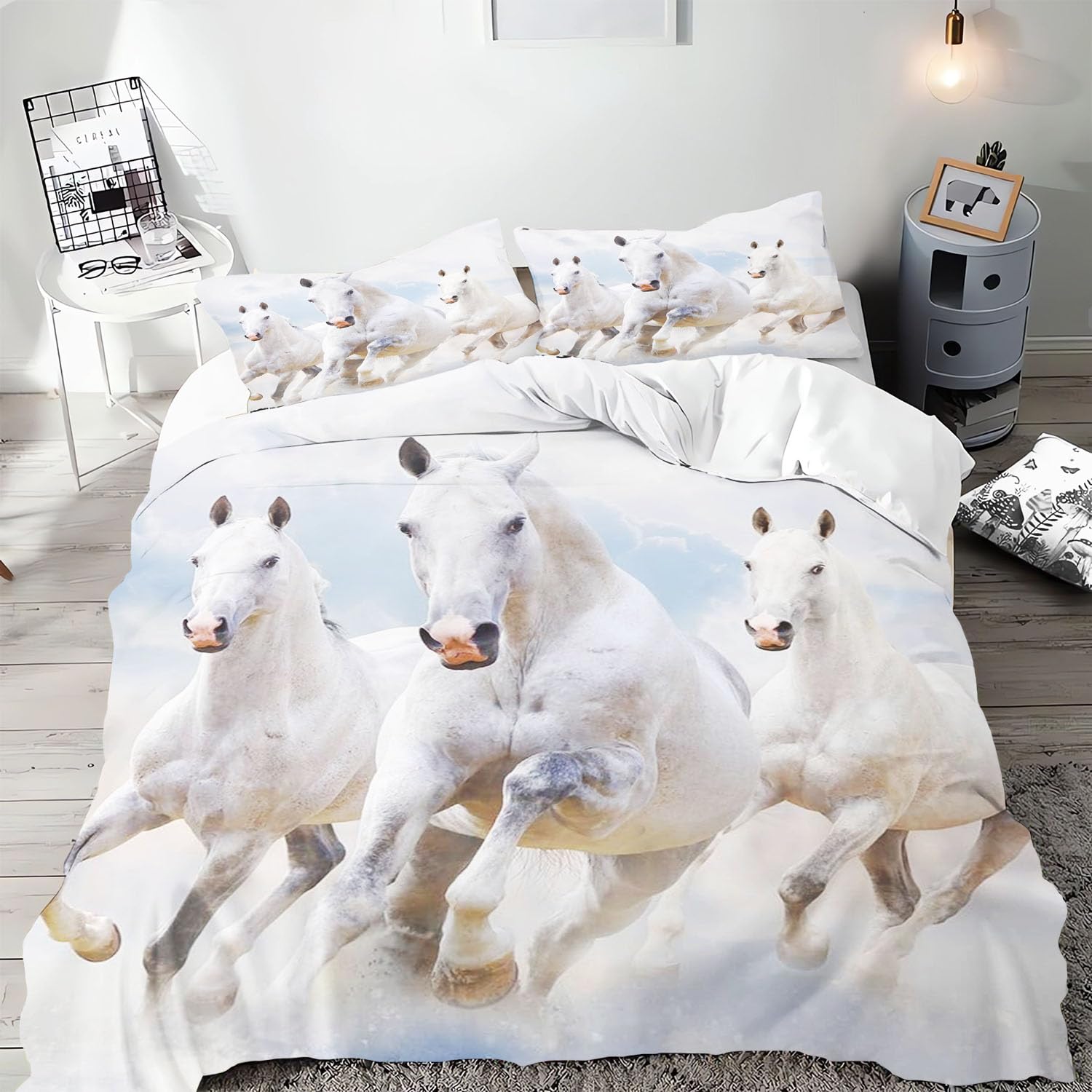 Smchwbc Girls 3 Horse Bed Linen 135 X 200 Cm, Horse Children, Horse Bed Linen Set, Soft Microfibre Horse Bed Linen Set With Zip And 2 Pillowcases (140 X 210 Cm, )