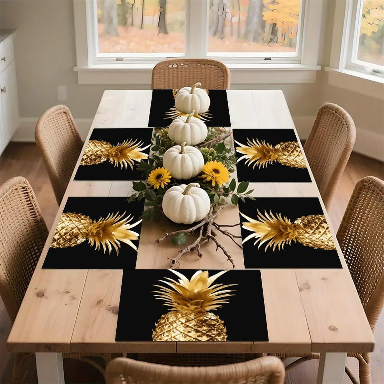 Gold Pineapple Placemats Heat-Resistant Washable Place Mats Anti Slip Dining Table Place Mats Wipeable Dining Table Mats Kitchen Decoration Placemats 17.7’’×11.8’’