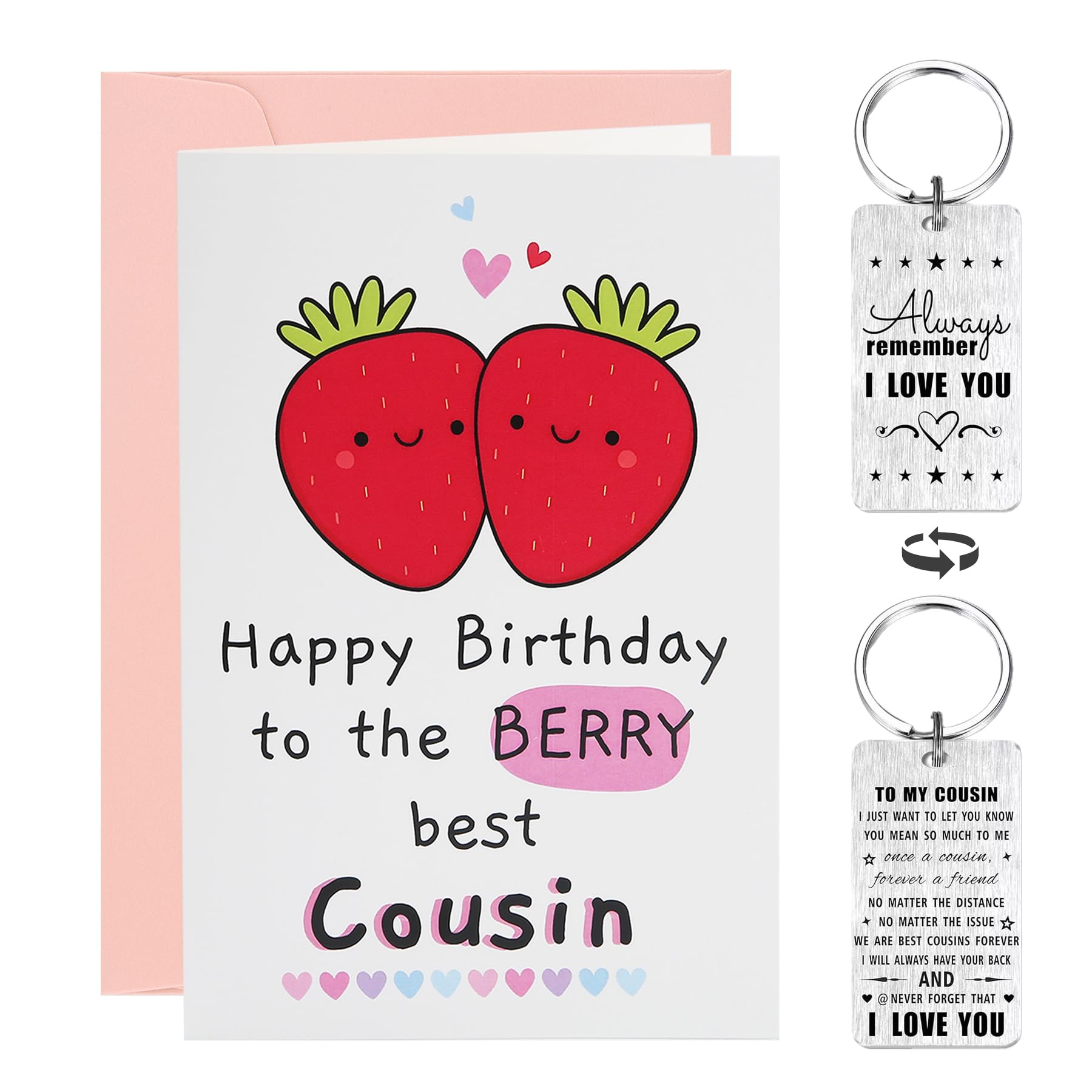 Wasise Cousin Gifts - Cousin Birthday Card, Strawberry Birthday Card with Keychain and Envelope, Sweet Cousins Gifts with 'Berry Best' Strawberry Cards, Double-Sided Keepsake Keychain,Strawberry Gifts